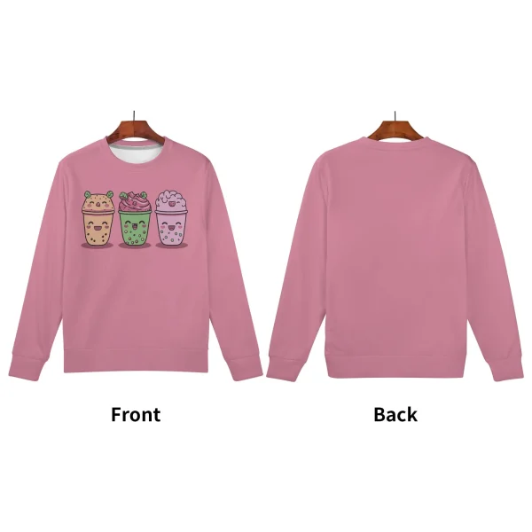 Sudadera rosa mujer con diseño kawaii de tres bubble teas sonrientes