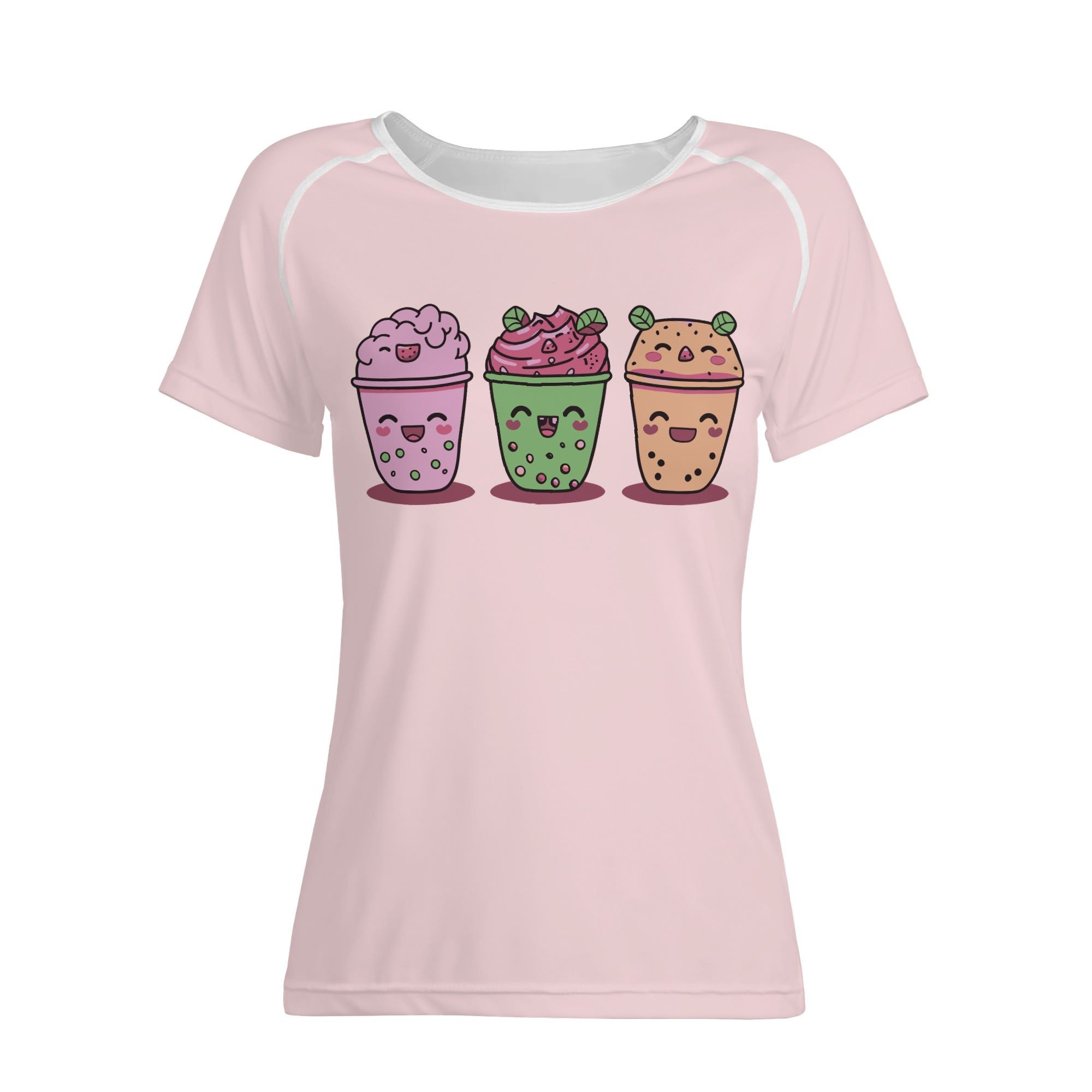 Camiseta rosa mujer con diseño kawaii de tres bubble teas sonrientes, fondo completo