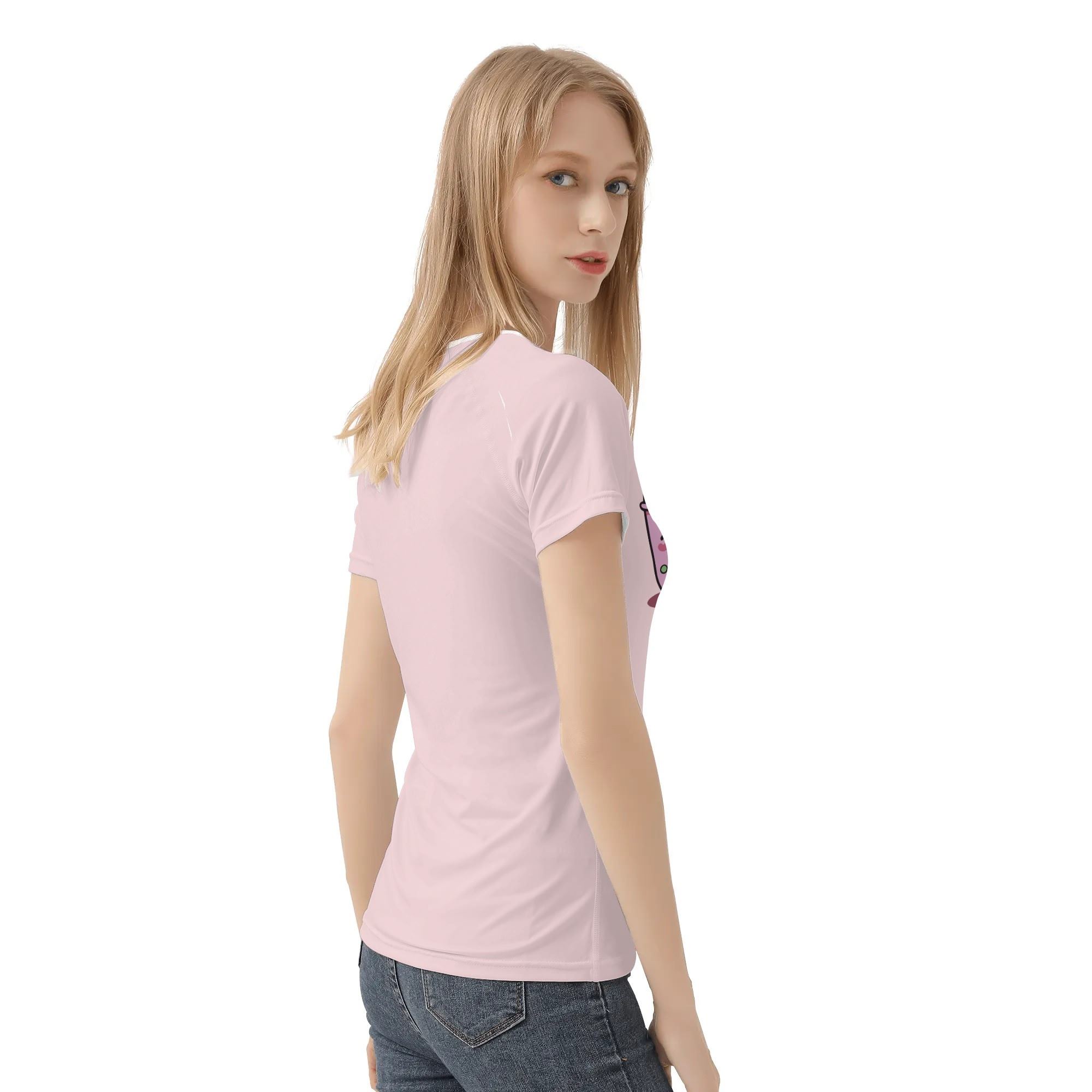 Camiseta rosa mujer con diseño kawaii de tres bubble teas sonrientes, fondo completo