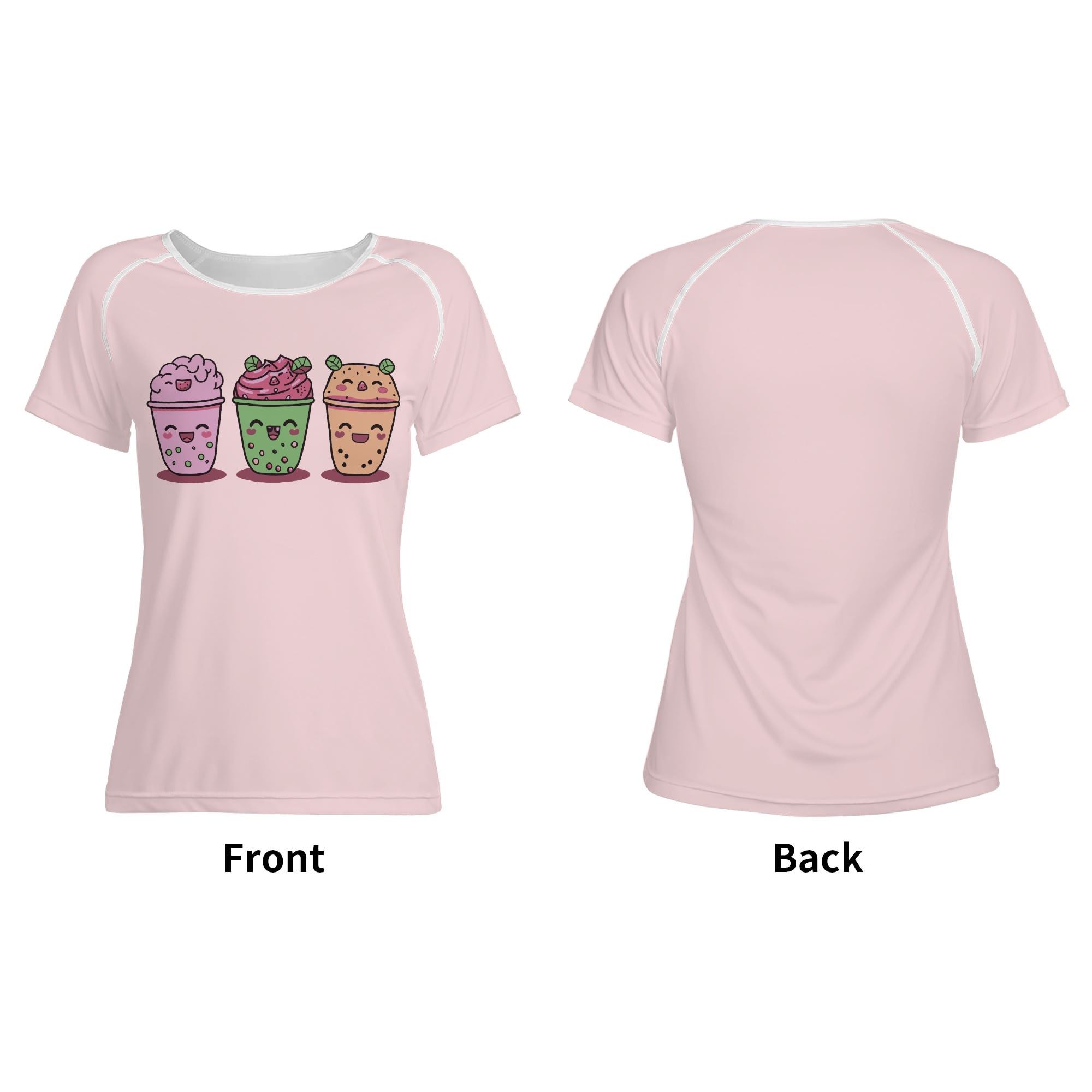 Camiseta rosa mujer con diseño kawaii de tres bubble teas sonrientes, fondo completo