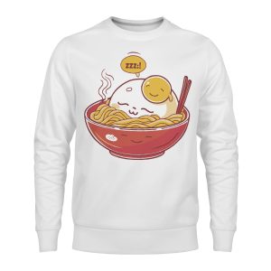 Sudadera blanca infantil con print de ramen dormido y huevo feliz, vista frontal y trasera.