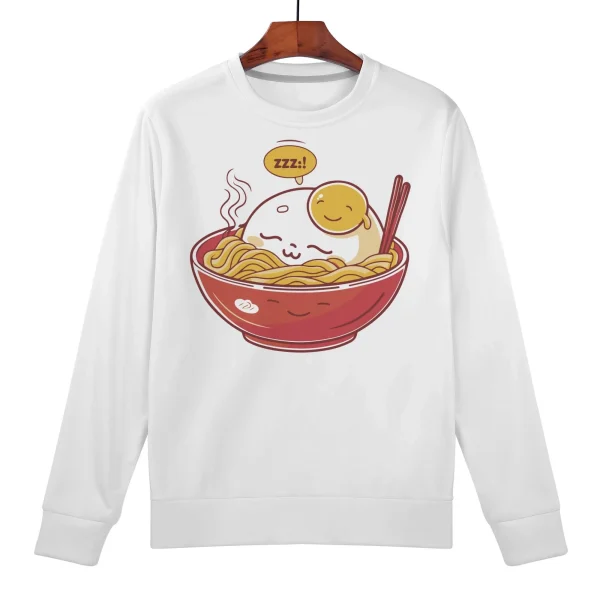 Sudadera blanca infantil con print de ramen dormido y huevo feliz, vista frontal y trasera.