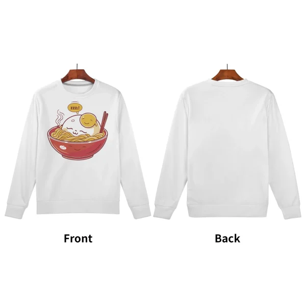 Sudadera blanca infantil con print de ramen dormido y huevo feliz, vista frontal y trasera.
