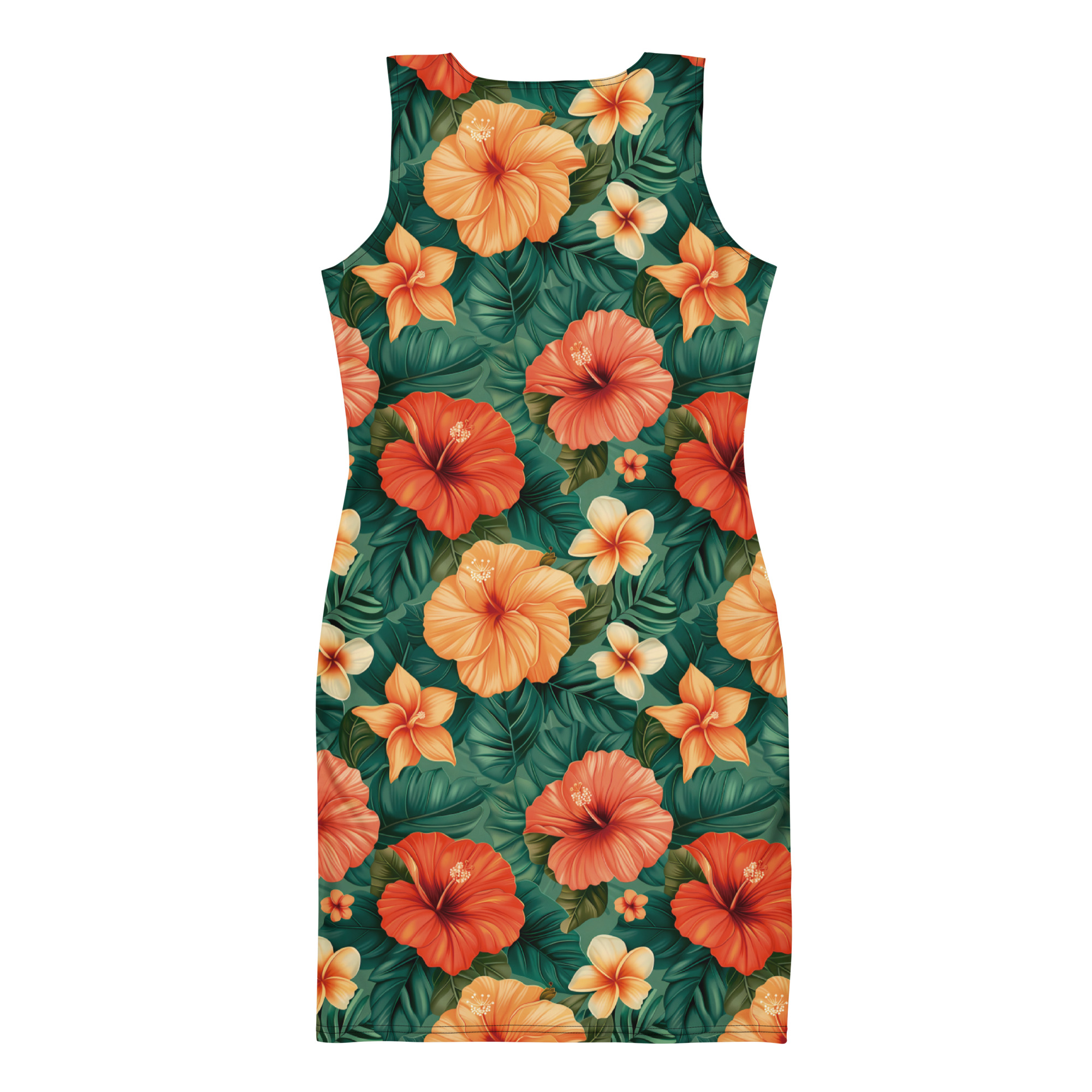 Mujer con vestido ajustado floral con hibiscos rojos, naranjas y amarillos sobre fondo verde – colección Tropic – Heat.