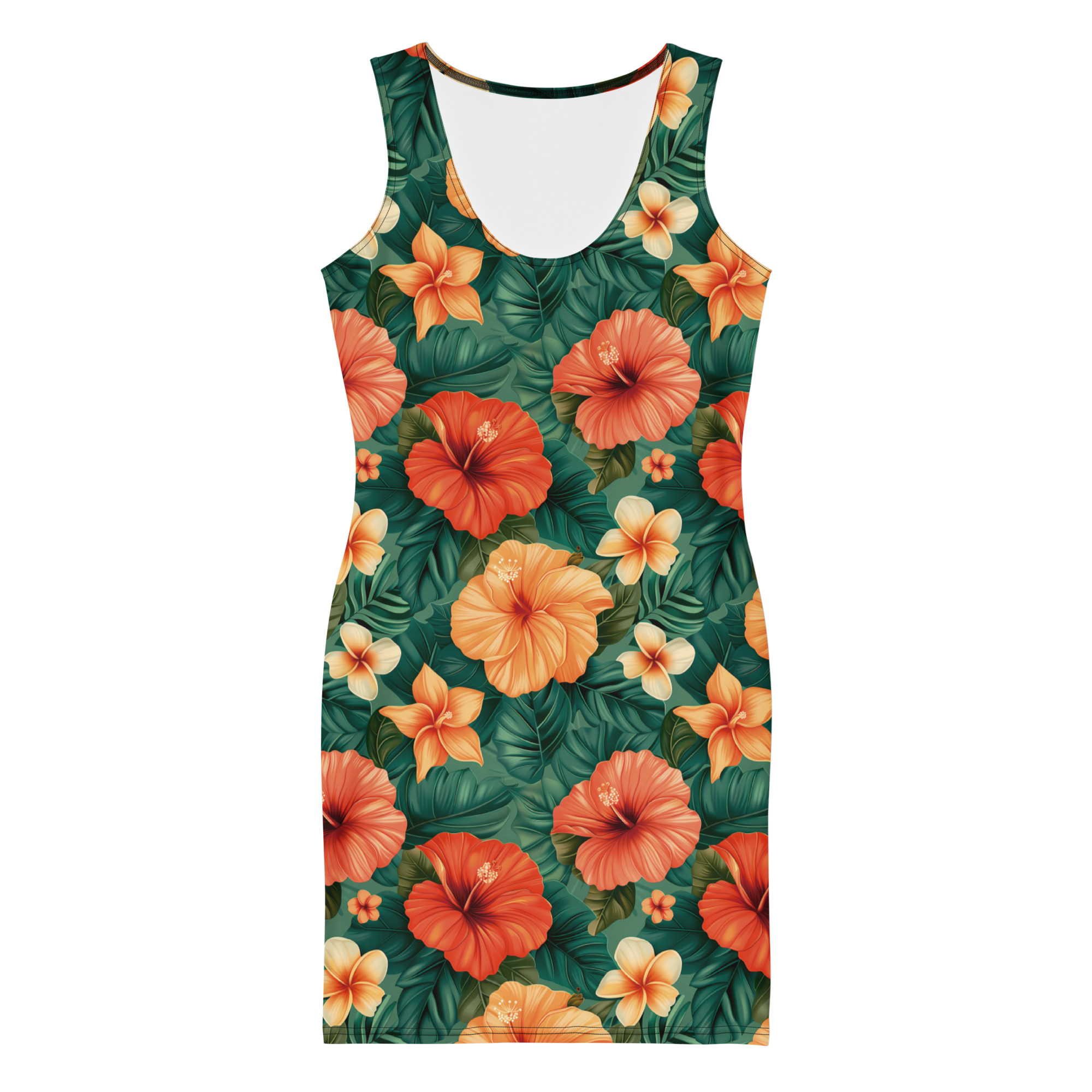 Mujer con vestido ajustado floral con hibiscos rojos, naranjas y amarillos sobre fondo verde – colección Tropic – Heat.
