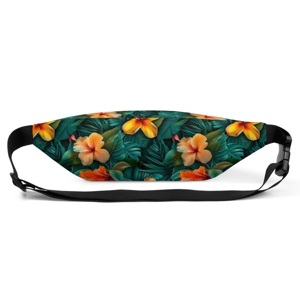 Riñonera floral tropical con estampado integral de hibiscos naranjas sobre fondo verde – colección Tropic Heat.