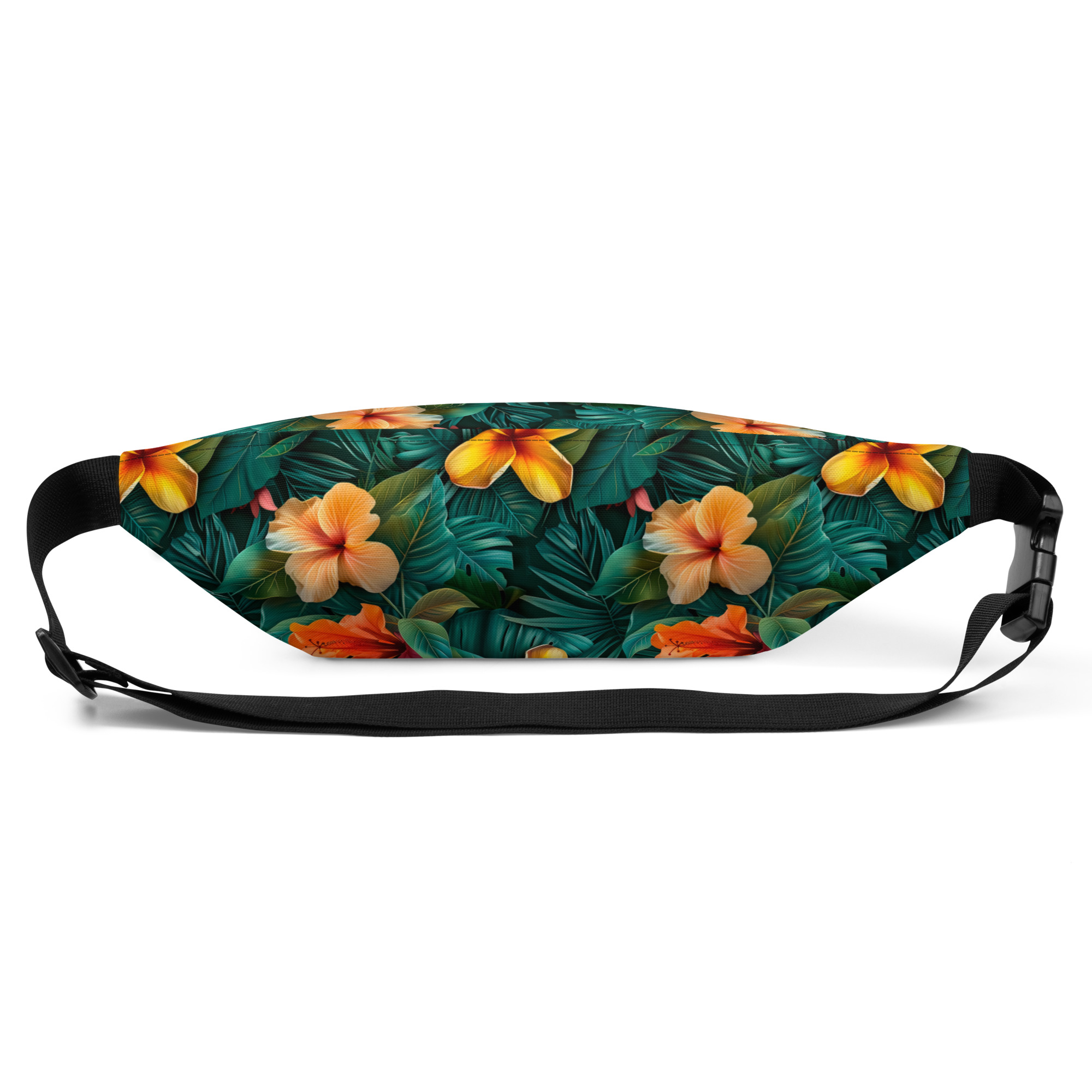 Riñonera floral tropical con estampado integral de hibiscos naranjas sobre fondo verde – colección Tropic Heat.