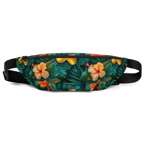 Riñonera floral tropical con estampado integral de hibiscos naranjas sobre fondo verde – colección Tropic Heat.