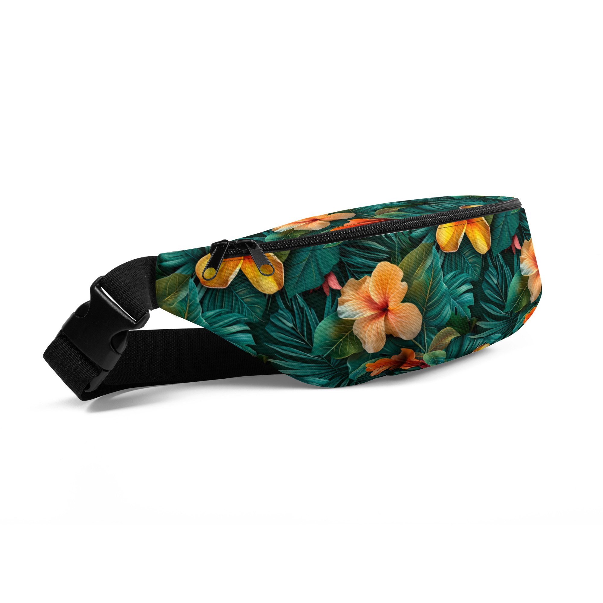 Riñonera floral tropical con estampado integral de hibiscos naranjas sobre fondo verde – colección Tropic Heat.