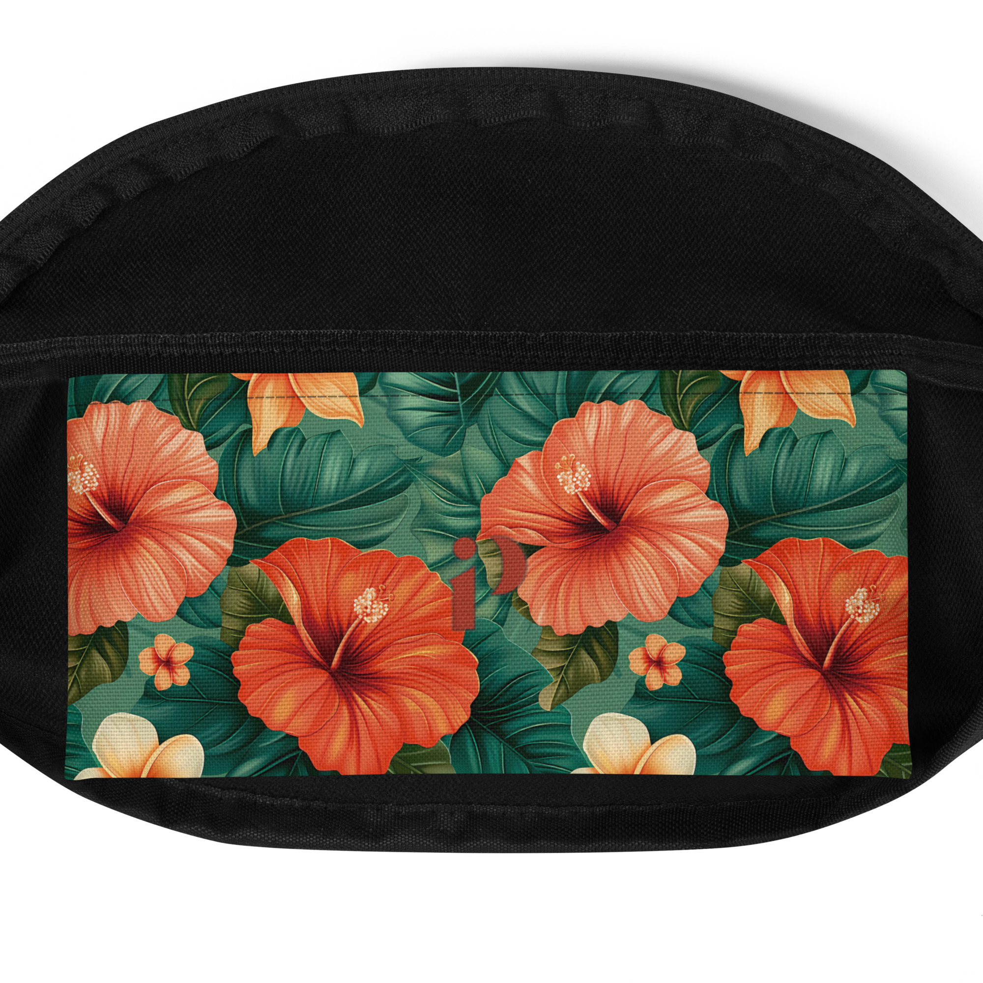 Riñonera tropical con estampado de hibiscos sobre fondo verde intenso. Vista frontal con diseño vívido y funcionalidad urbana.