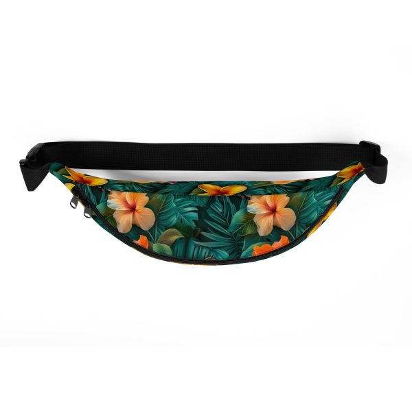 Riñonera floral tropical con estampado integral de hibiscos naranjas sobre fondo verde – colección Tropic Heat.