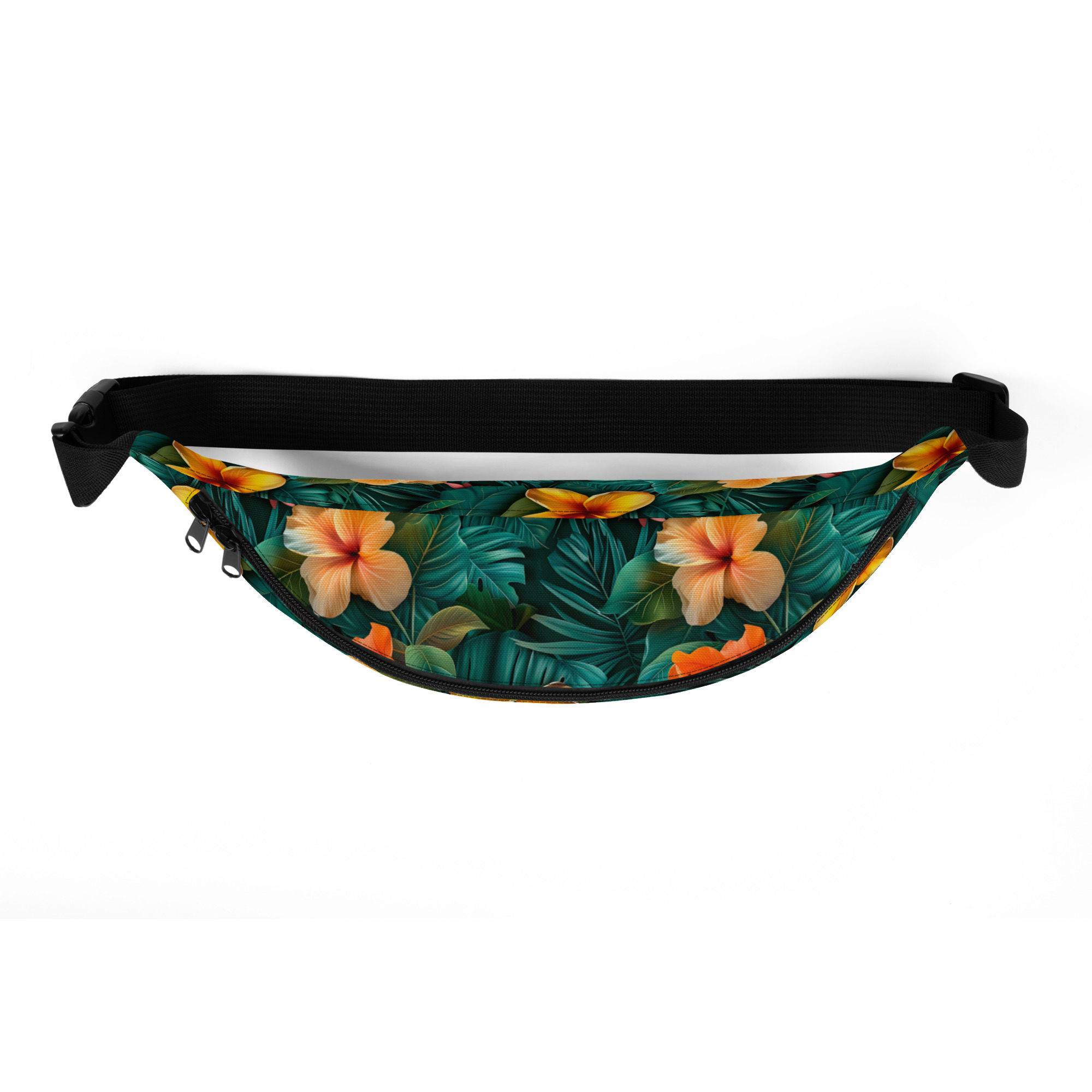 Riñonera floral tropical con estampado integral de hibiscos naranjas sobre fondo verde – colección Tropic Heat.