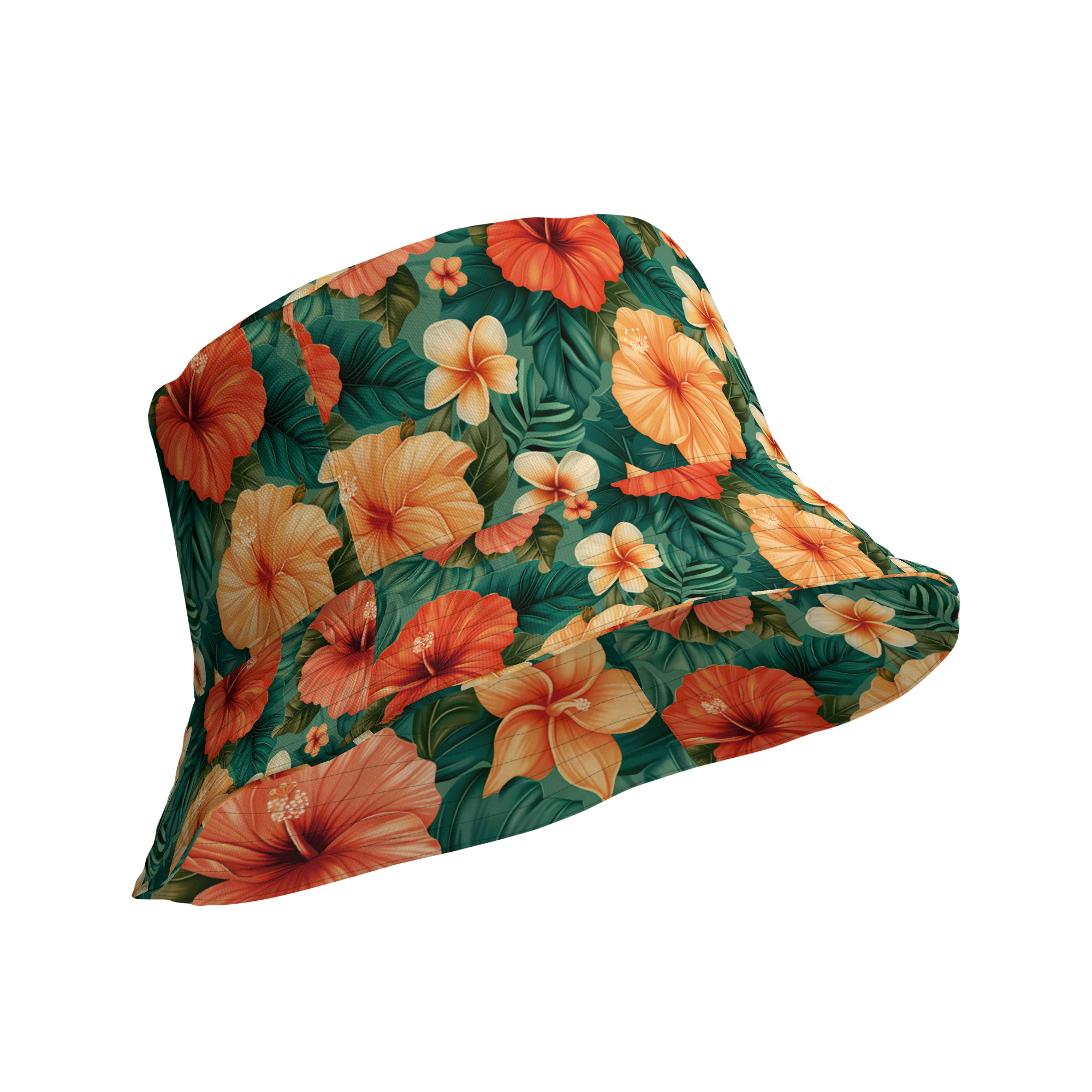 Mujer con gorro de pescador reversible floral tropical posando con gafas y top blanco – Colección Tropic – Heat