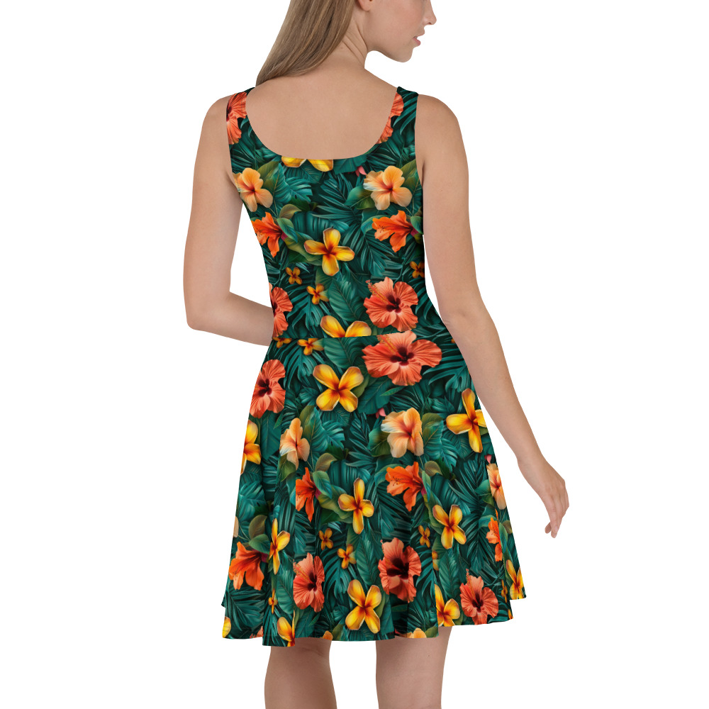Vestido skater con estampado tropical floral naranja y hojas verdes
