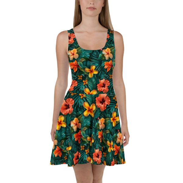 Vestido skater con estampado tropical floral naranja y hojas verdes