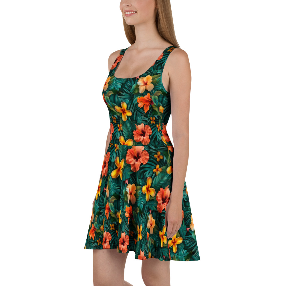 Vestido skater con estampado tropical floral naranja y hojas verdes