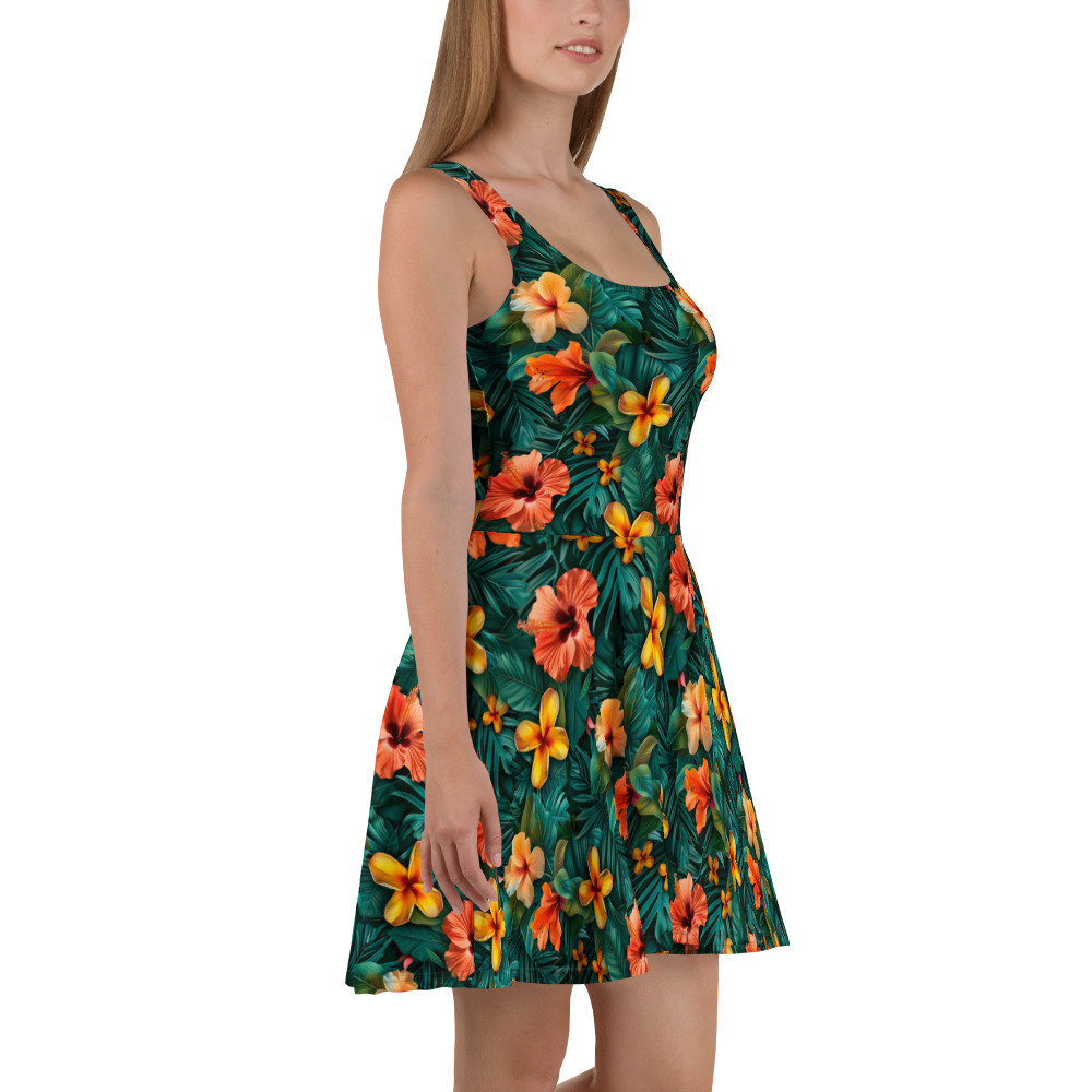 Vestido skater con estampado tropical floral naranja y hojas verdes
