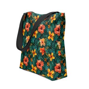 Bolsa de tela tropical con hibiscos naranjas y amarillos sobre fondo verde selvático – diseño Tropic – Heat exclusivo de ImageFusion Prints.