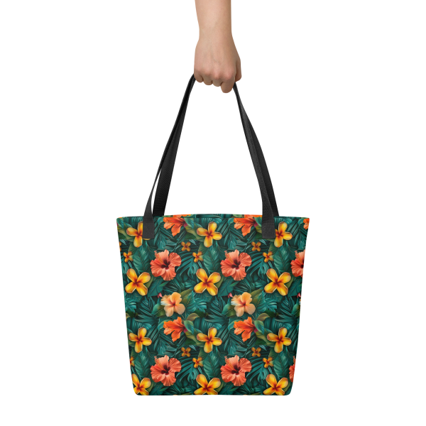Bolsa de tela tropical con hibiscos naranjas y amarillos sobre fondo verde selvático – diseño Tropic – Heat exclusivo de ImageFusion Prints.