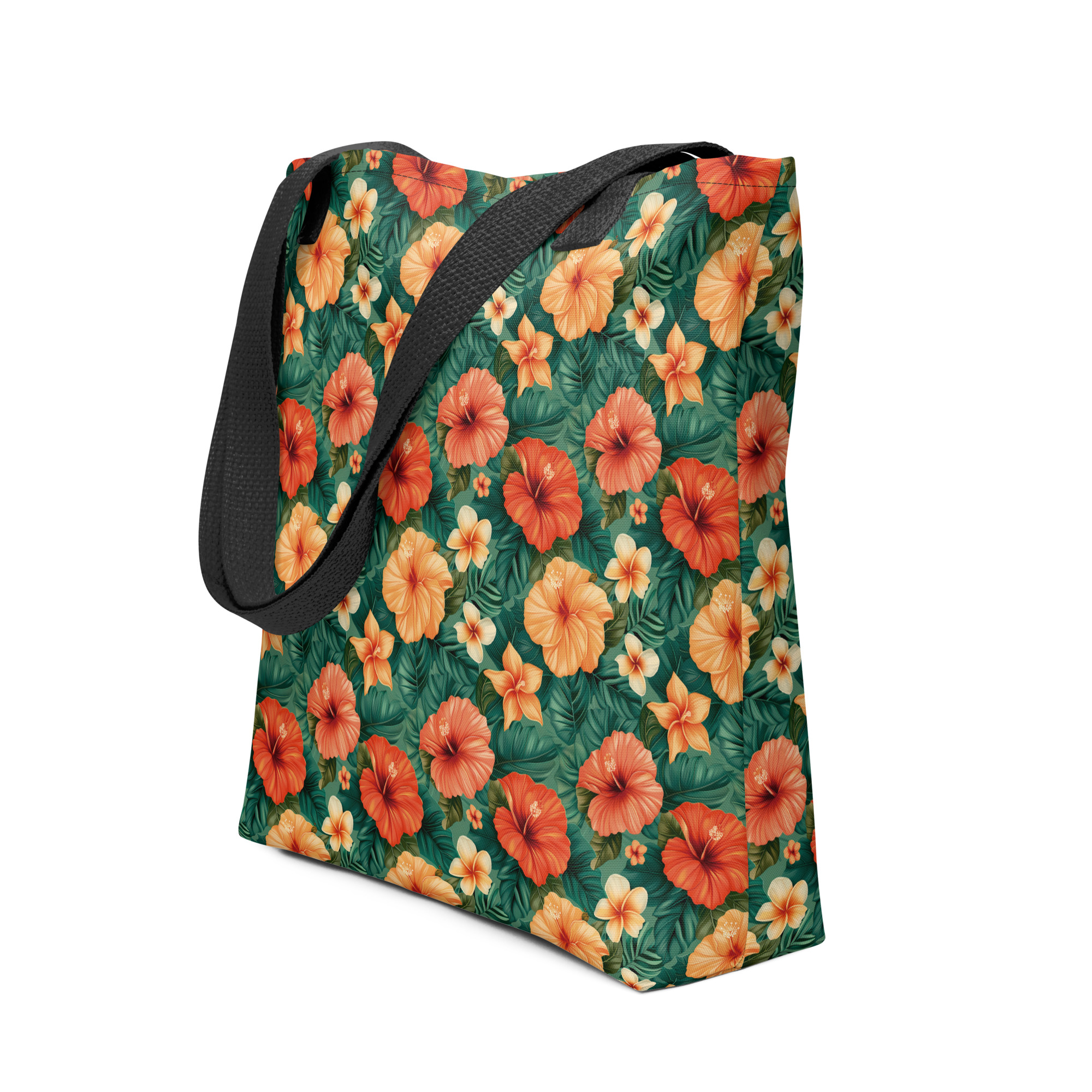 Bolsa tote de tela con flores tropicales rojas y naranjas, con asas de algodón natural – colección Tropic – Heat.