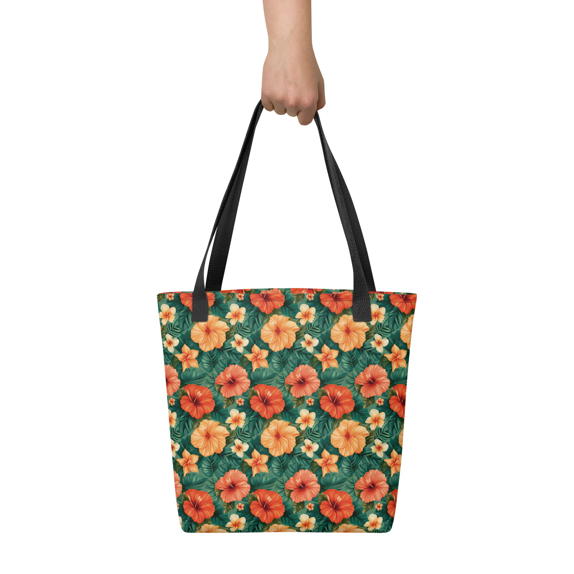 Bolsa tote de tela con flores tropicales rojas y naranjas, con asas de algodón natural – colección Tropic – Heat.
