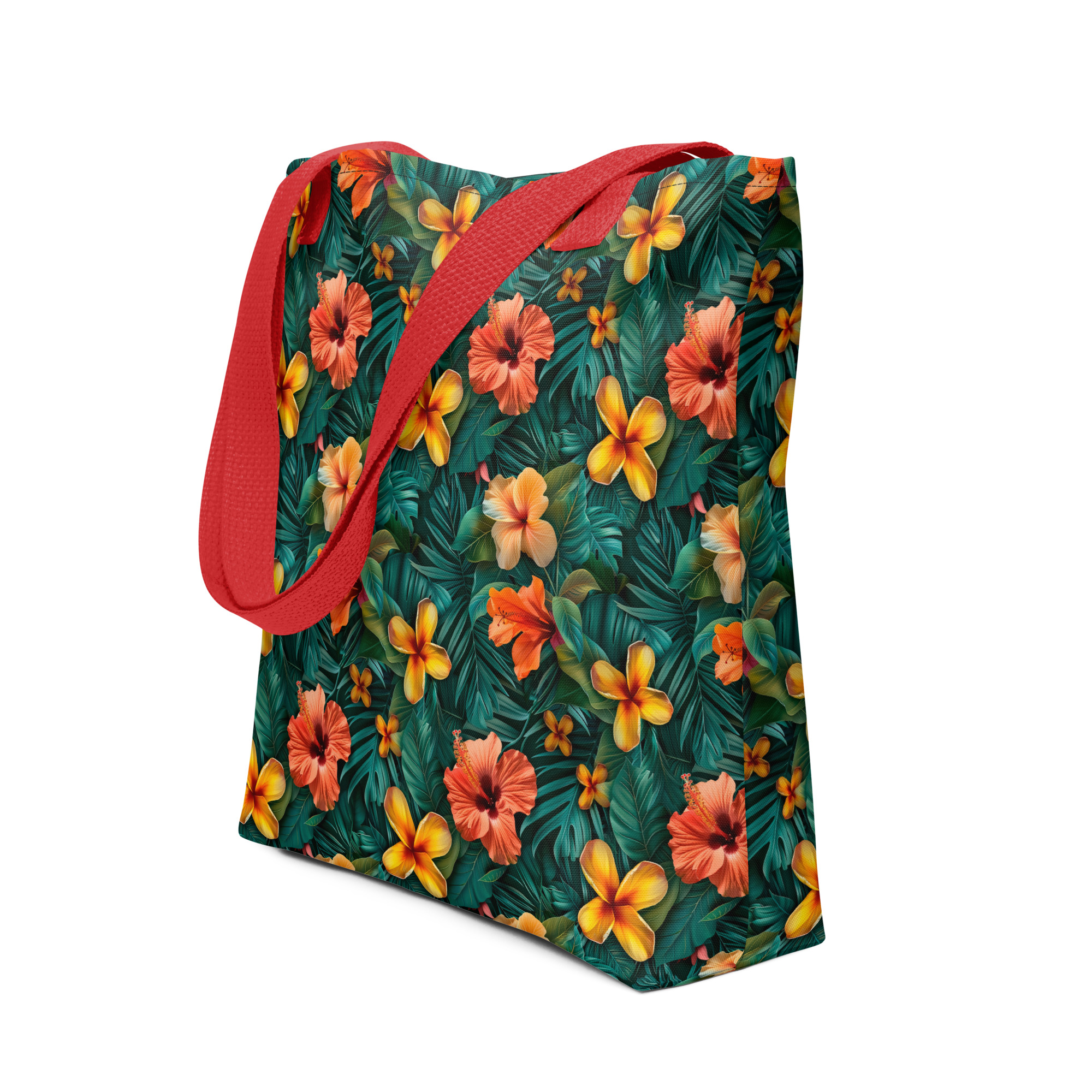 Bolsa de tela tropical con hibiscos naranjas y amarillos sobre fondo verde selvático – diseño Tropic – Heat exclusivo de ImageFusion Prints.