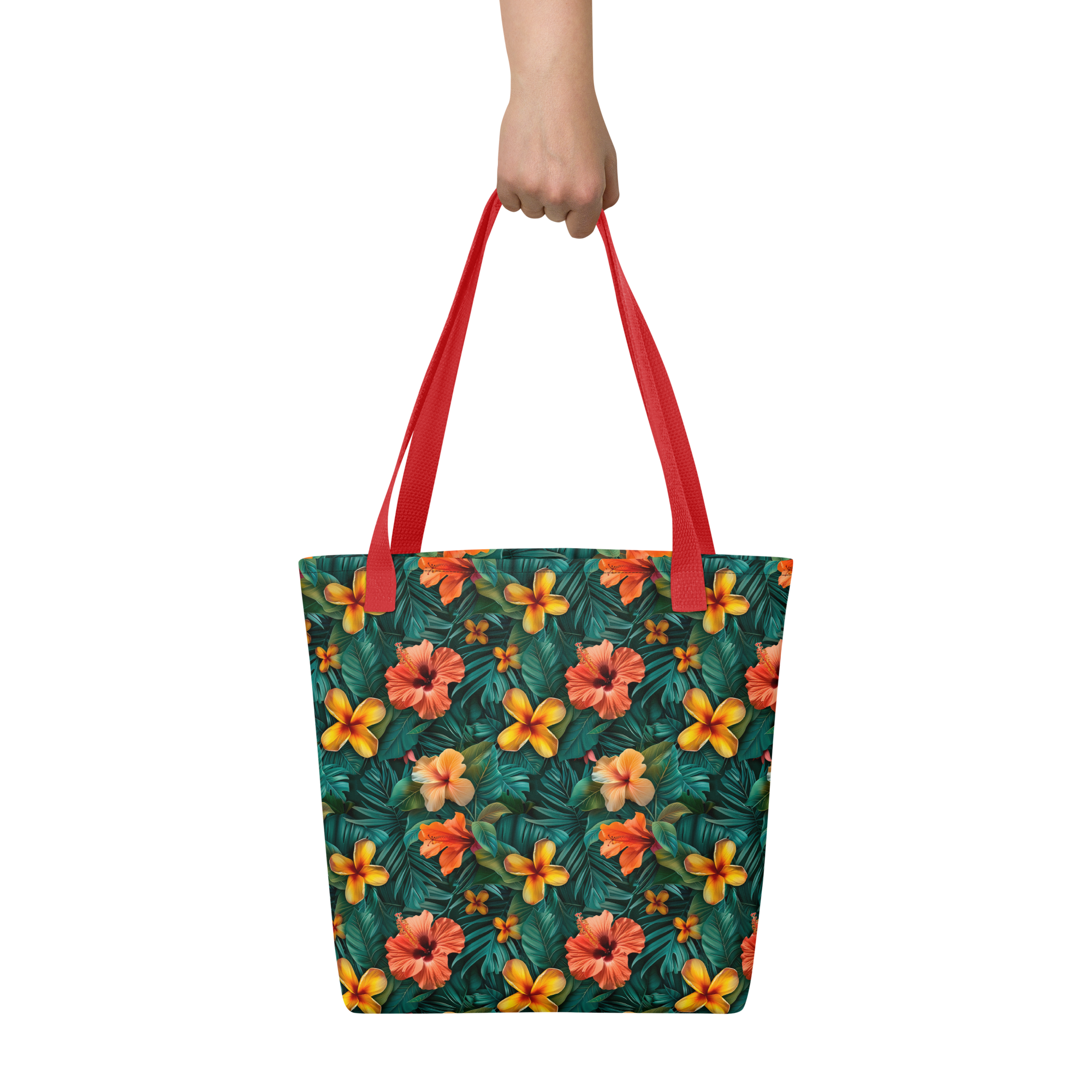 Bolsa de tela tropical con hibiscos naranjas y amarillos sobre fondo verde selvático – diseño Tropic – Heat exclusivo de ImageFusion Prints.