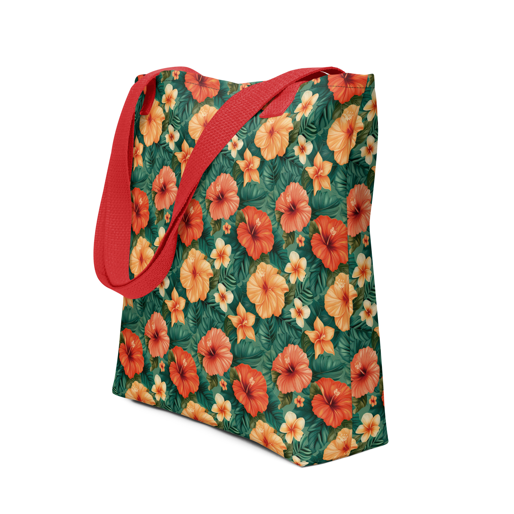 Bolsa tote de tela con flores tropicales rojas y naranjas, con asas de algodón natural – colección Tropic – Heat.