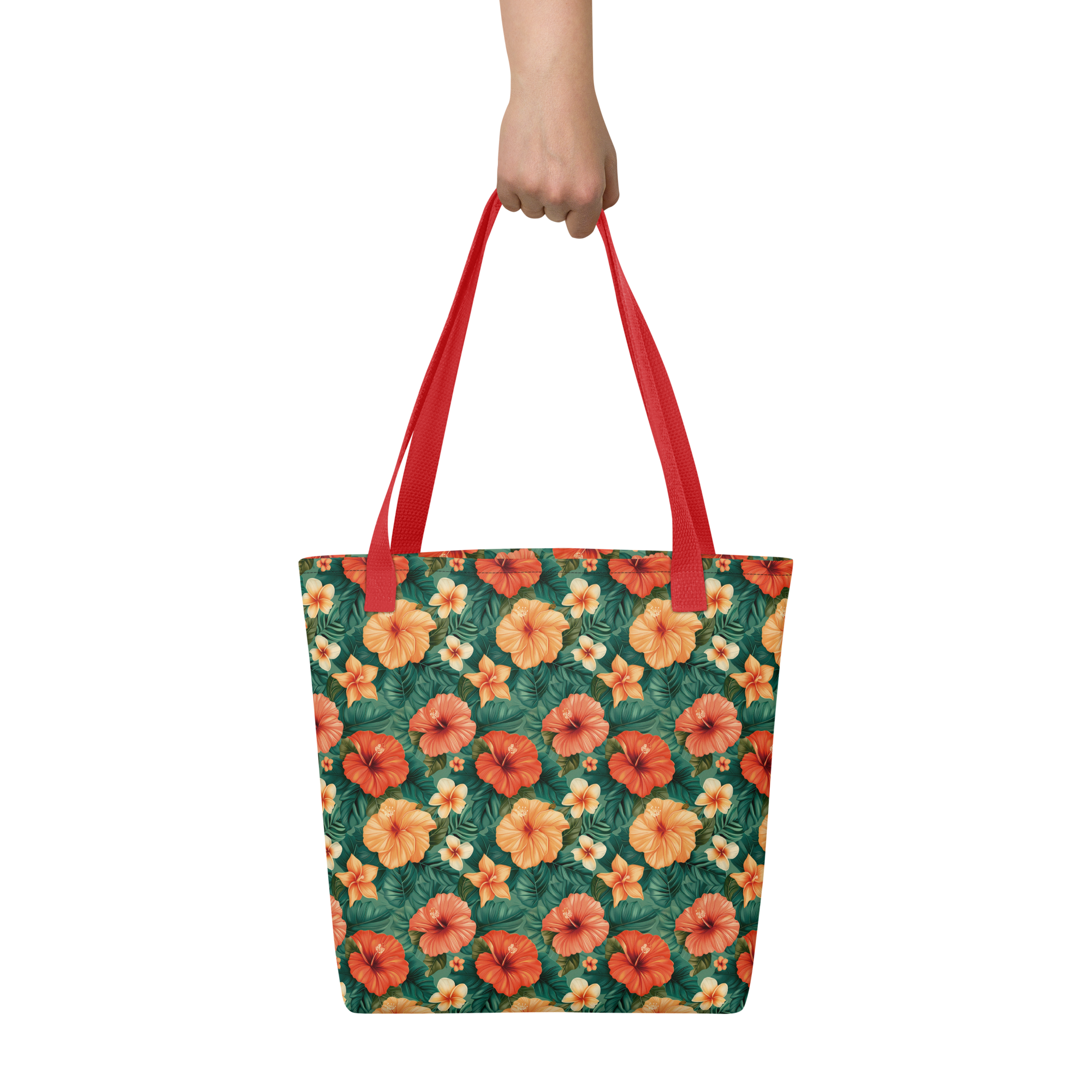 Bolsa tote de tela con flores tropicales rojas y naranjas, con asas de algodón natural – colección Tropic – Heat.