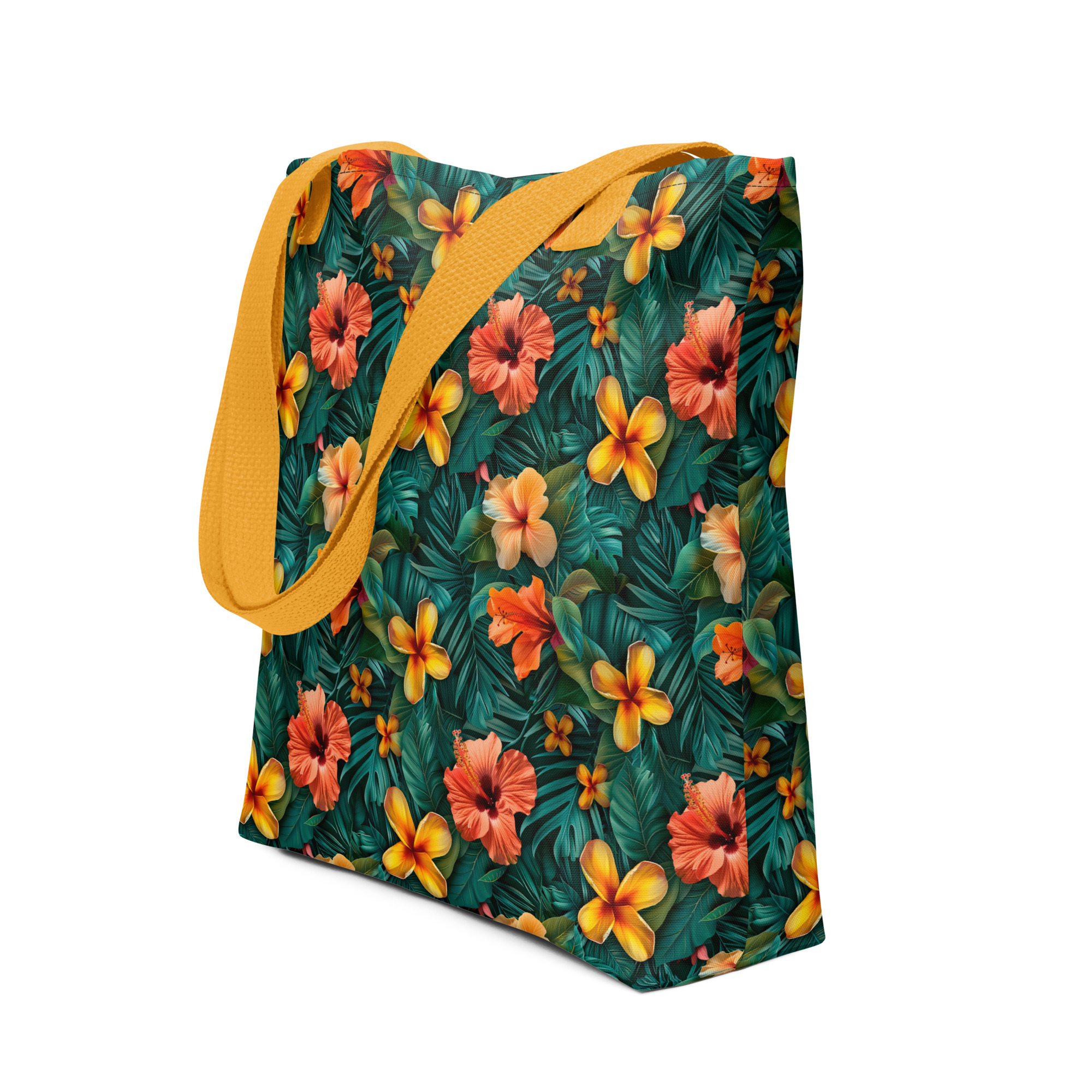 Bolsa de tela tropical con hibiscos naranjas y amarillos sobre fondo verde selvático – diseño Tropic – Heat exclusivo de ImageFusion Prints.