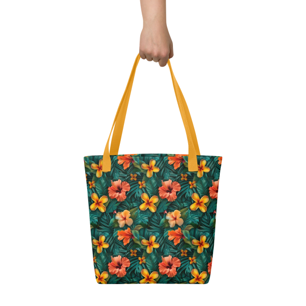 Bolsa de tela tropical con hibiscos naranjas y amarillos sobre fondo verde selvático – diseño Tropic – Heat exclusivo de ImageFusion Prints.