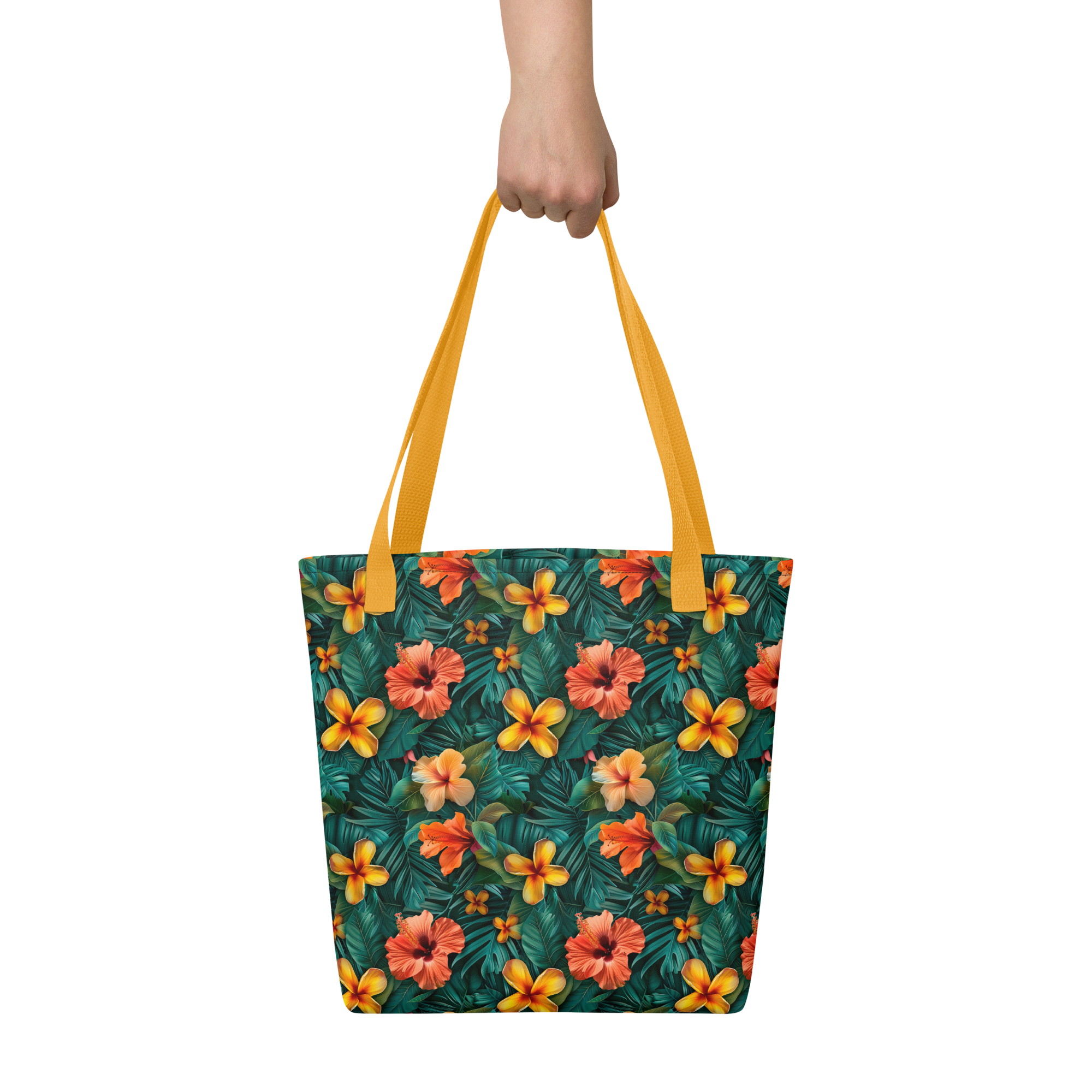 Bolsa de tela tropical con hibiscos naranjas y amarillos sobre fondo verde selvático – diseño Tropic – Heat exclusivo de ImageFusion Prints.