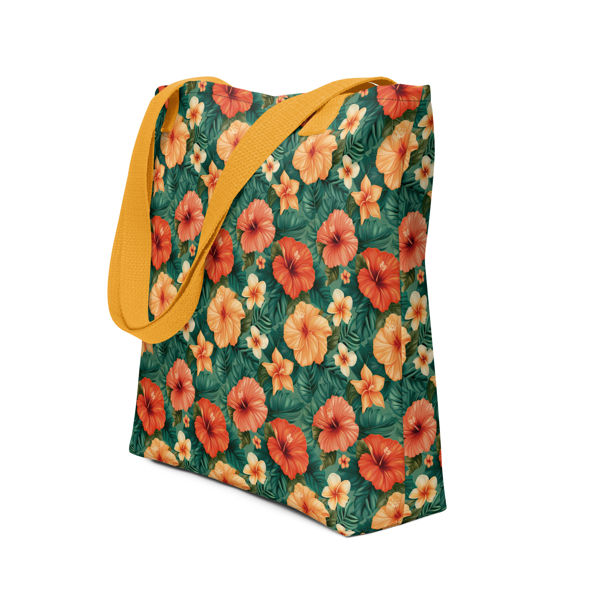 Bolsa tote de tela con flores tropicales rojas y naranjas, con asas de algodón natural – colección Tropic – Heat.