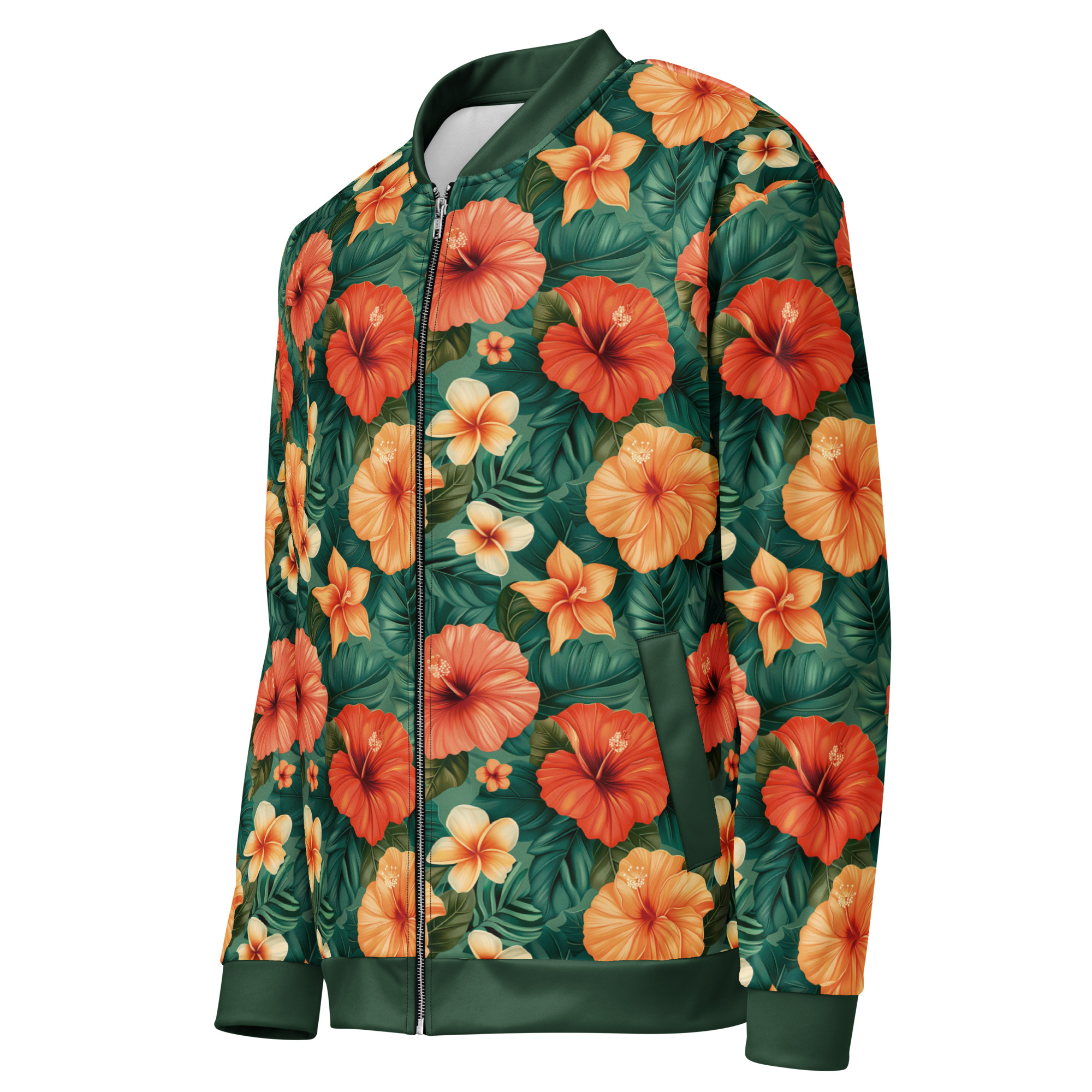 Mujer con chaqueta bomber tropical all-over print – diseño hibiscos naranjas y hojas verdes – colección Tropic Heat