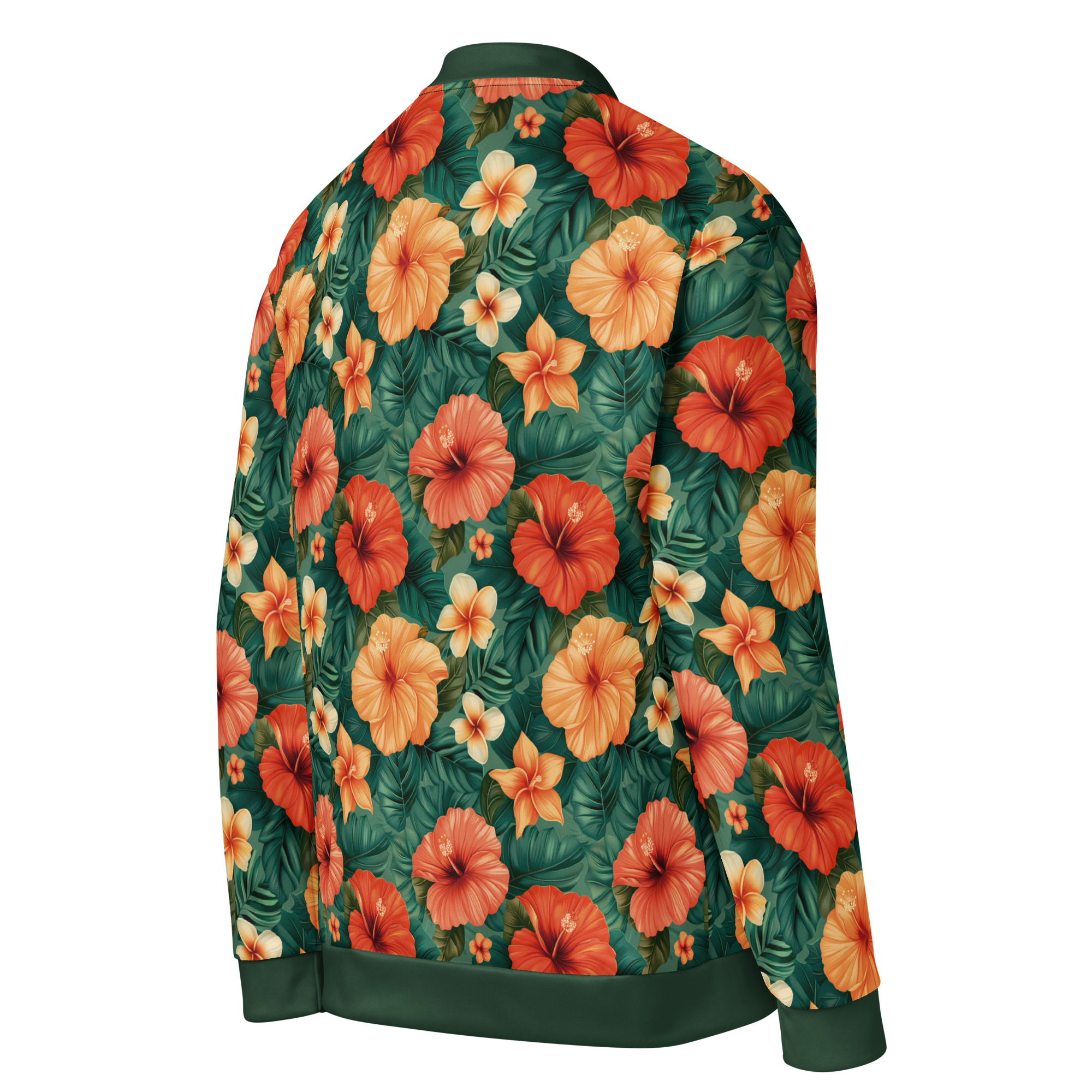 Mujer con chaqueta bomber tropical all-over print – diseño hibiscos naranjas y hojas verdes – colección Tropic Heat