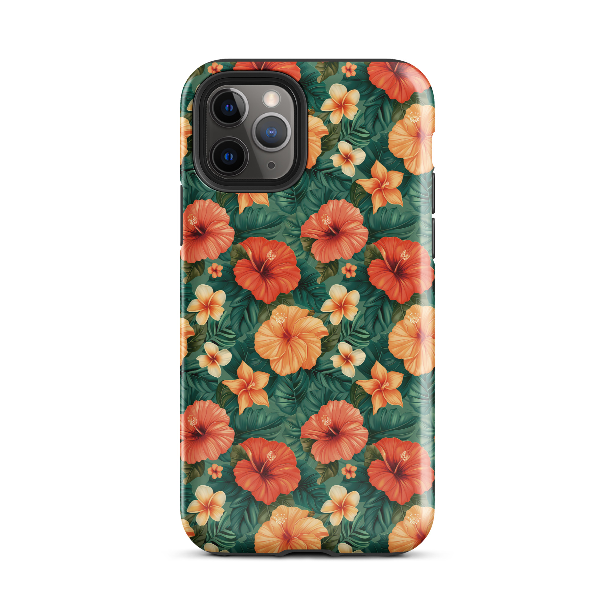 Funda dura para iPhone con estampado floral tropical naranja y rojo, sobre fondo verde exótico. Protección de doble capa y diseño envolvente.