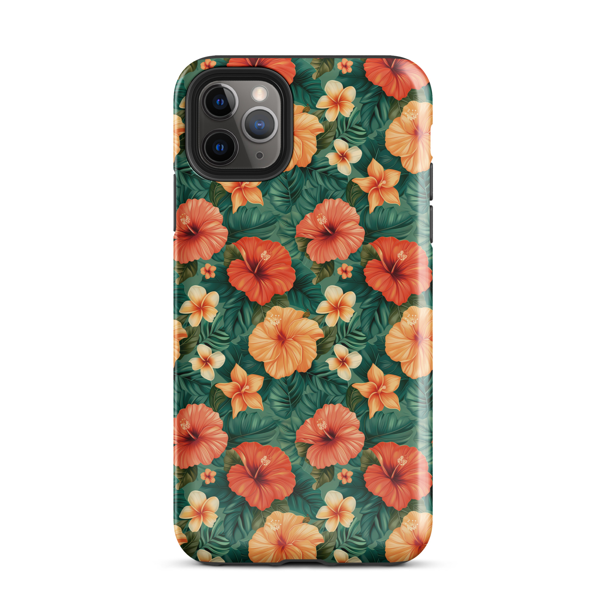 Funda dura para iPhone con estampado floral tropical naranja y rojo, sobre fondo verde exótico. Protección de doble capa y diseño envolvente.