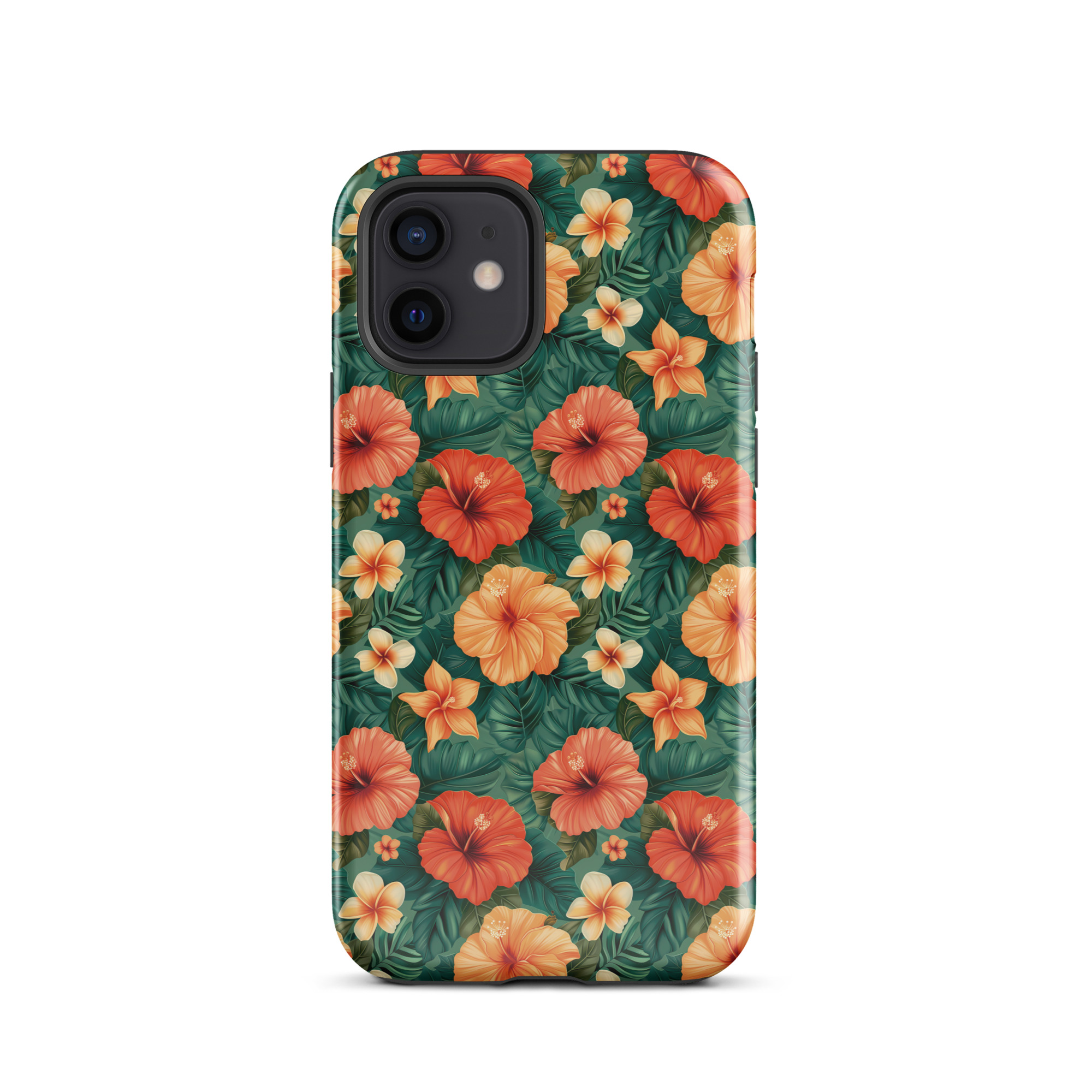 Funda dura para iPhone con estampado floral tropical naranja y rojo, sobre fondo verde exótico. Protección de doble capa y diseño envolvente.