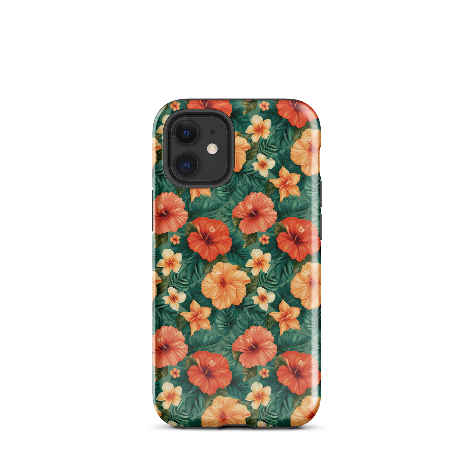 Funda dura para iPhone con estampado floral tropical naranja y rojo, sobre fondo verde exótico. Protección de doble capa y diseño envolvente.