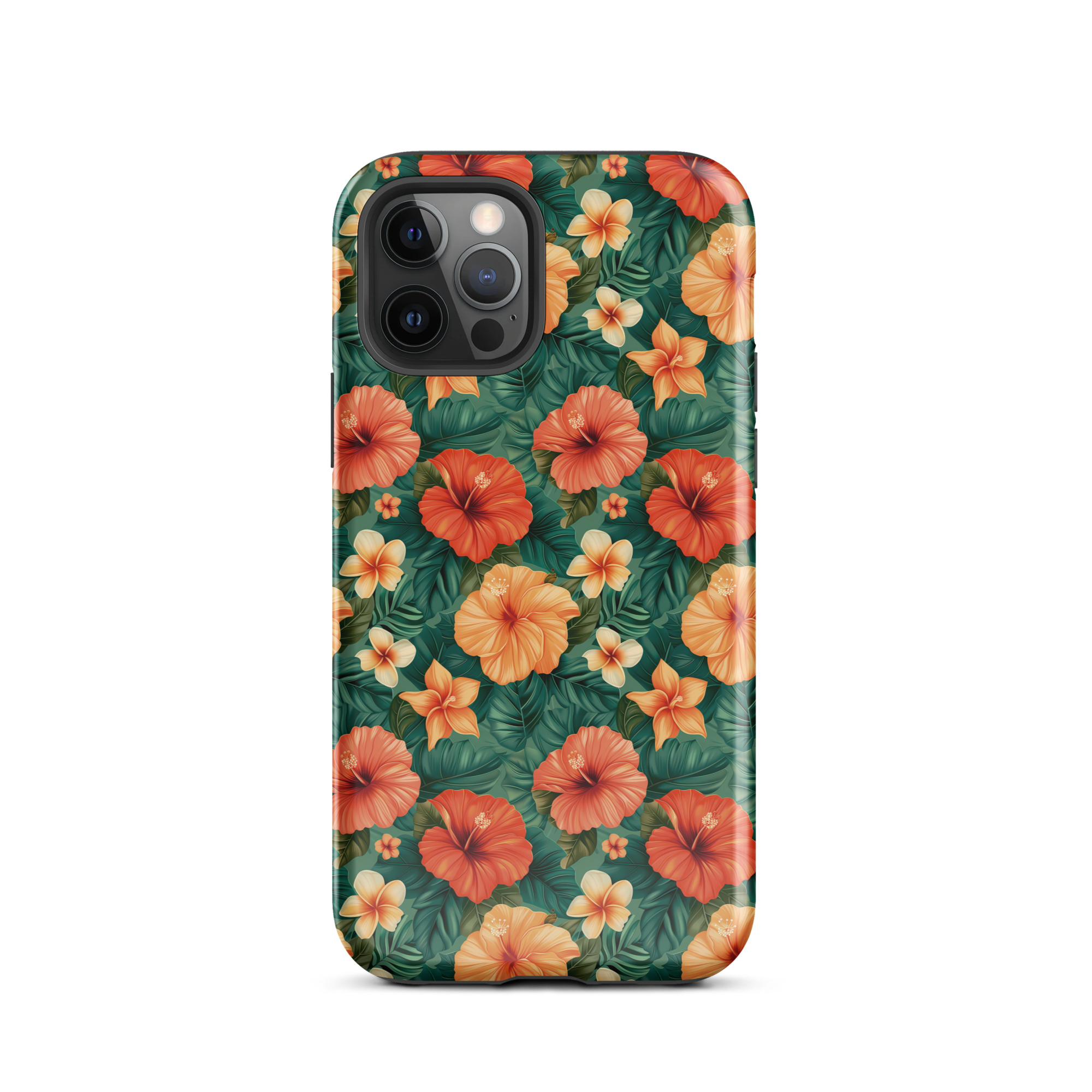 Funda dura para iPhone con estampado floral tropical naranja y rojo, sobre fondo verde exótico. Protección de doble capa y diseño envolvente.