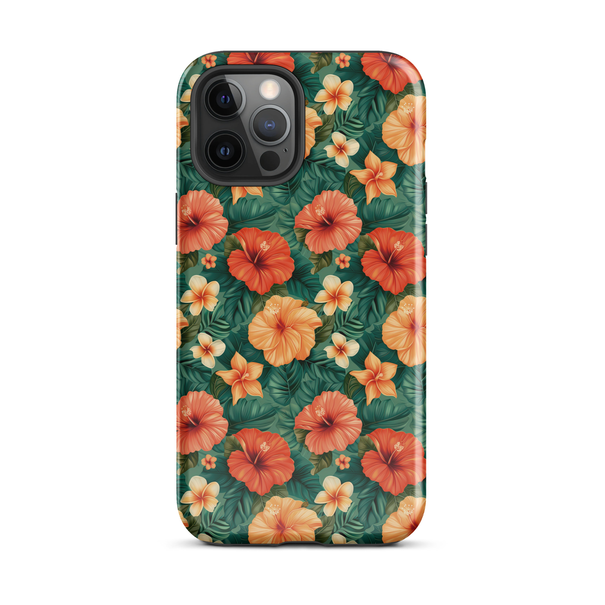 Funda dura para iPhone con estampado floral tropical naranja y rojo, sobre fondo verde exótico. Protección de doble capa y diseño envolvente.