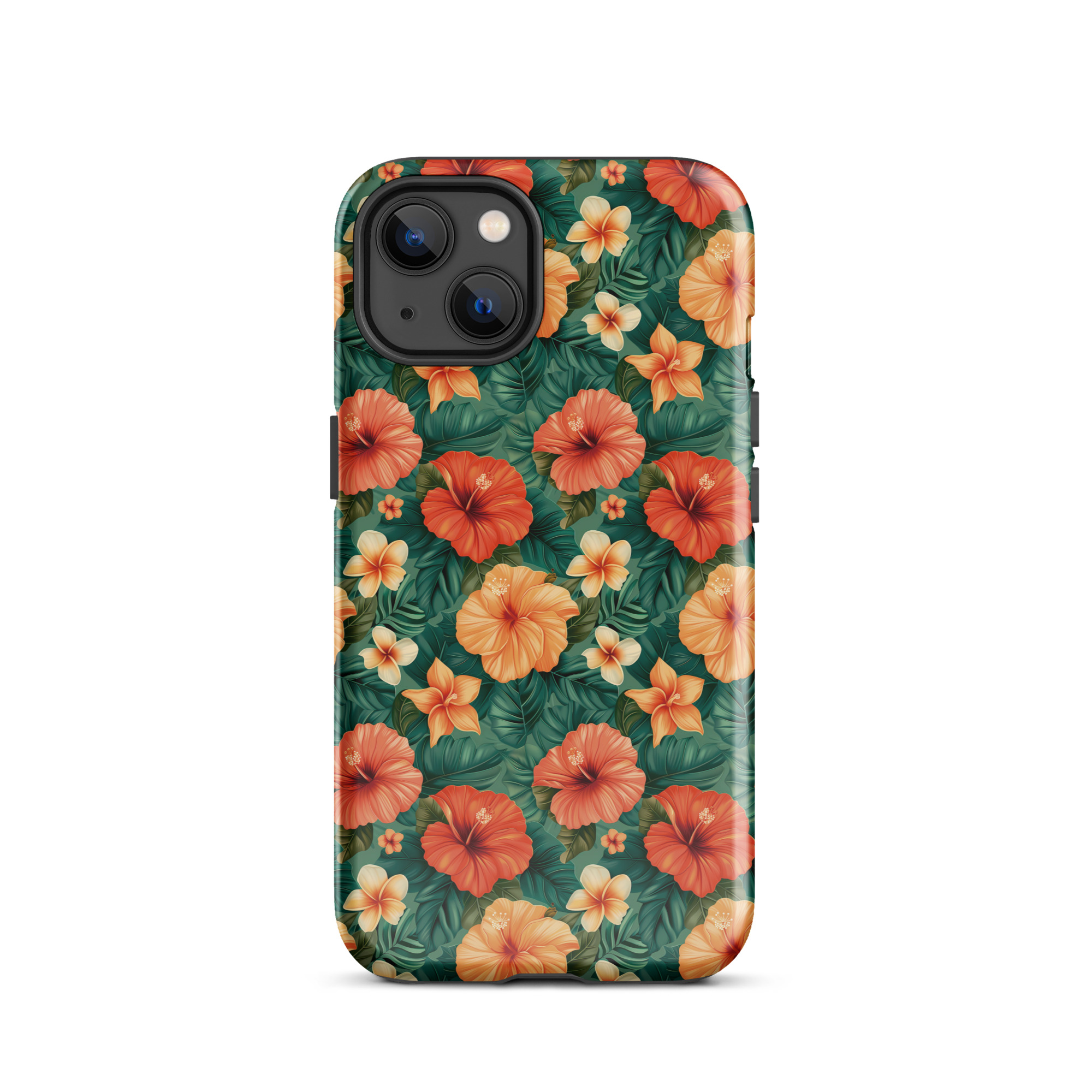 Funda dura para iPhone con estampado floral tropical naranja y rojo, sobre fondo verde exótico. Protección de doble capa y diseño envolvente.