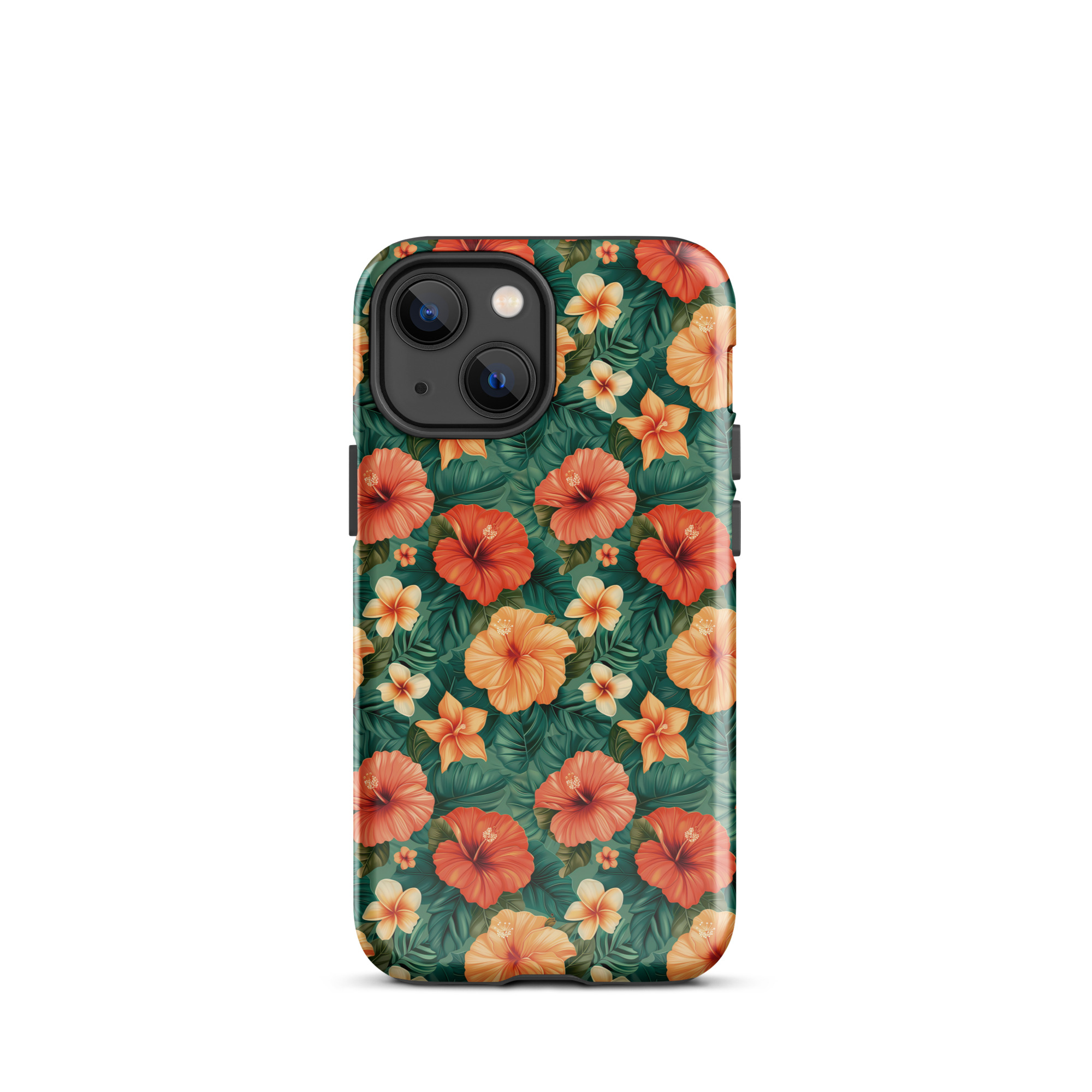 Funda dura para iPhone con estampado floral tropical naranja y rojo, sobre fondo verde exótico. Protección de doble capa y diseño envolvente.