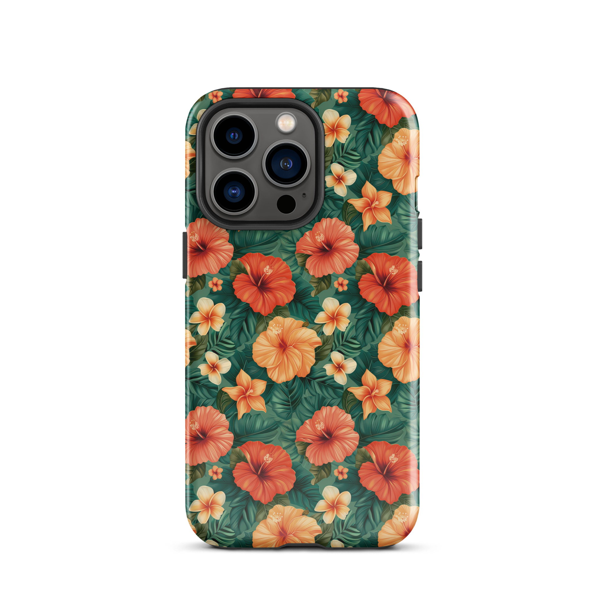 Funda dura para iPhone con estampado floral tropical naranja y rojo, sobre fondo verde exótico. Protección de doble capa y diseño envolvente.