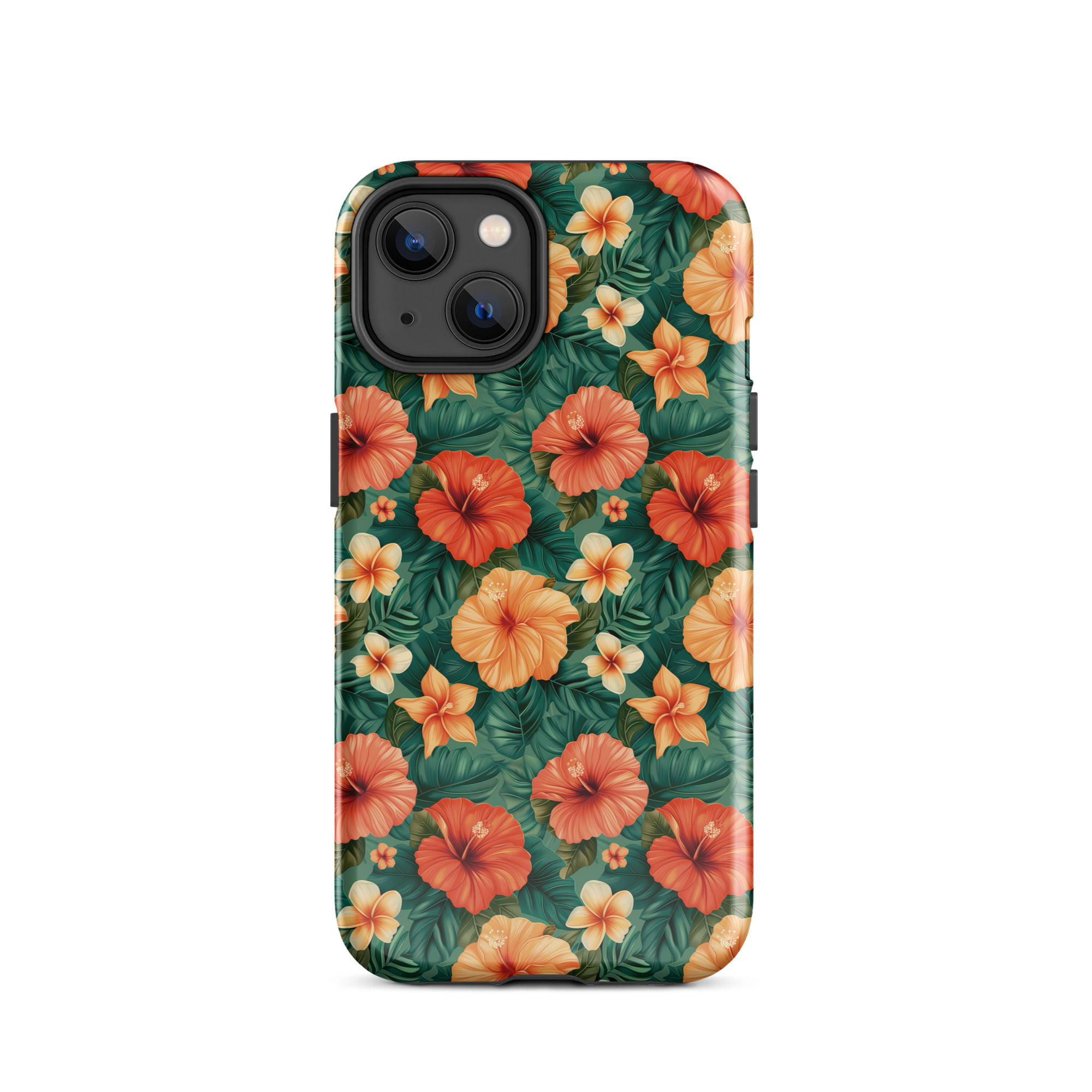 Funda dura para iPhone con estampado floral tropical naranja y rojo, sobre fondo verde exótico. Protección de doble capa y diseño envolvente.
