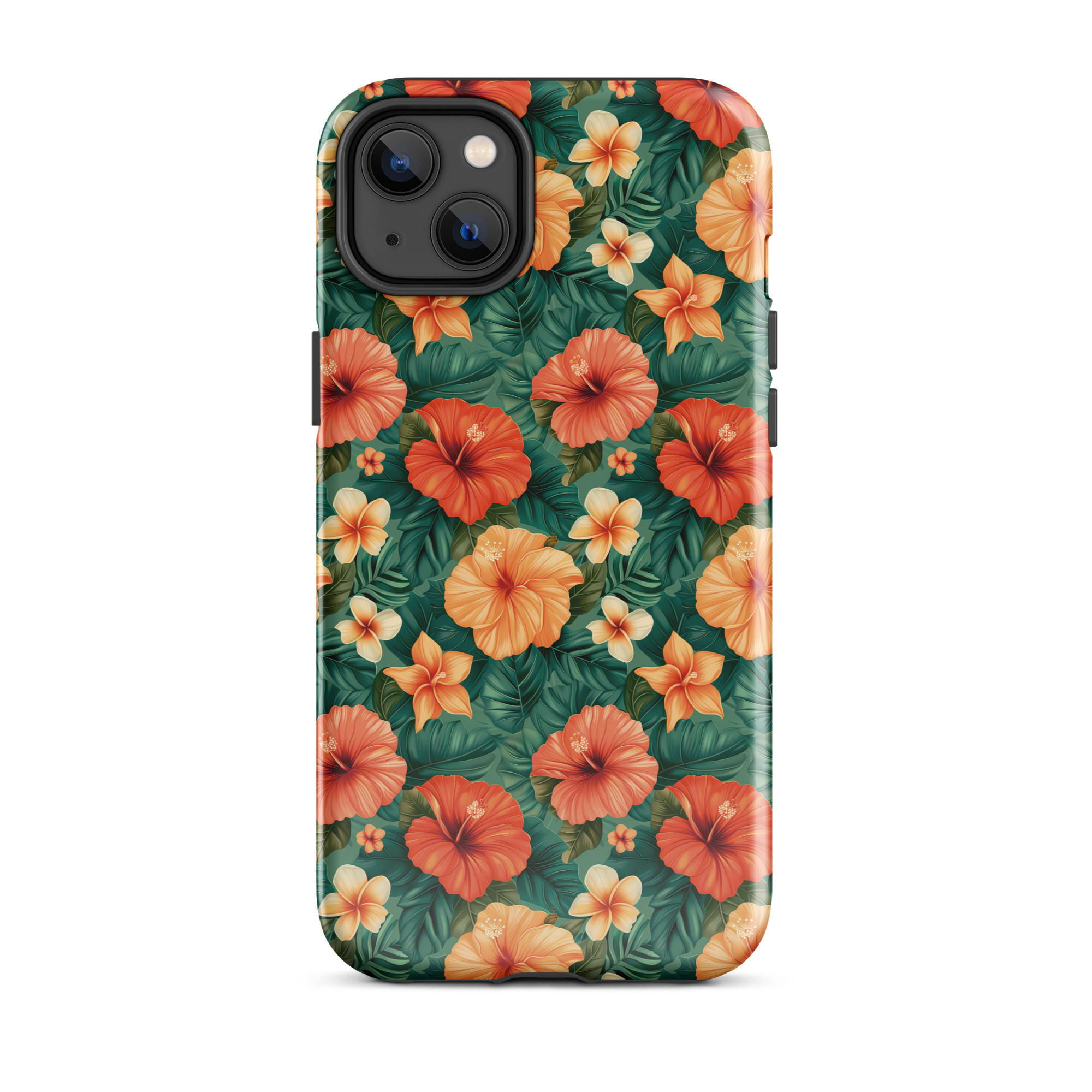 Funda dura para iPhone con estampado floral tropical naranja y rojo, sobre fondo verde exótico. Protección de doble capa y diseño envolvente.