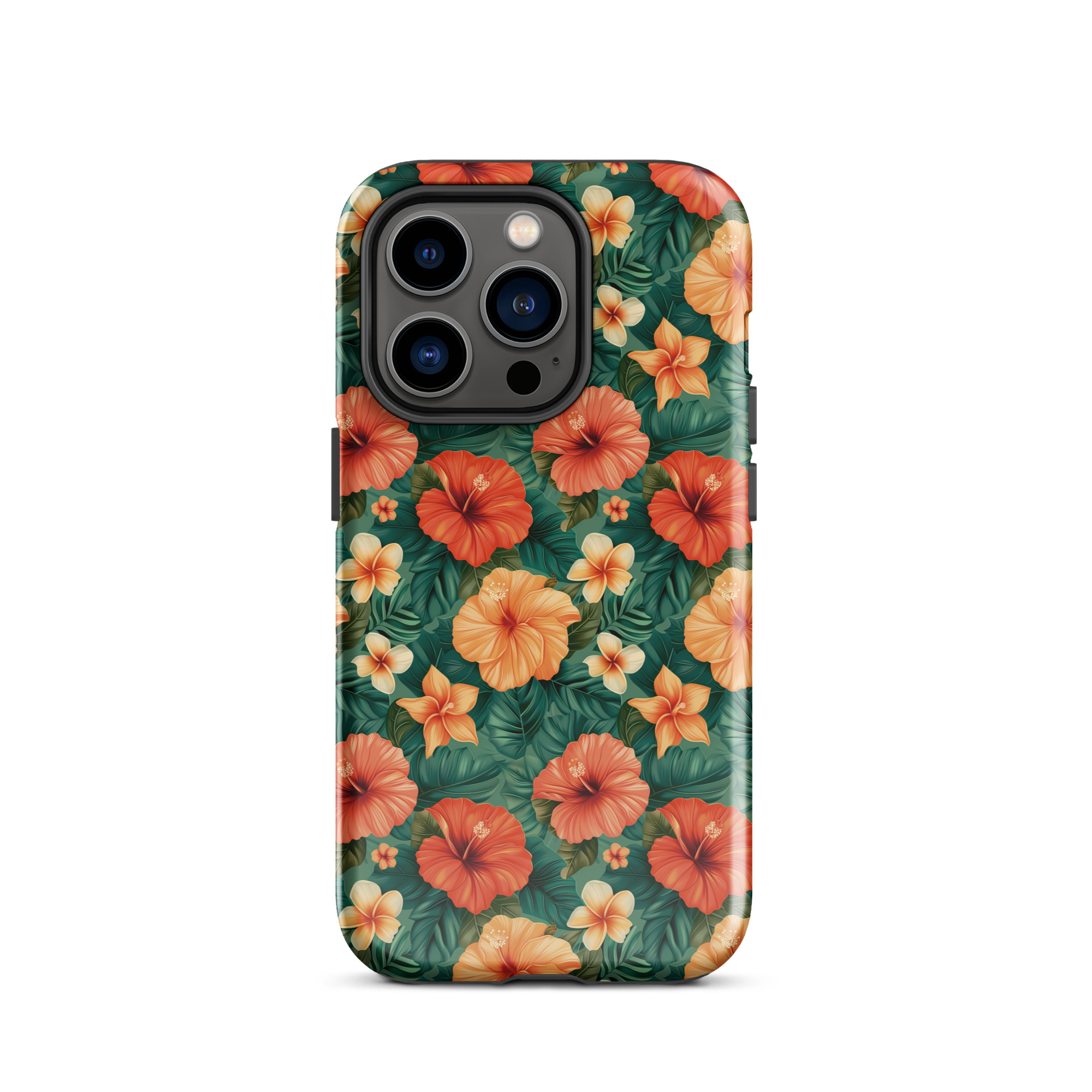 Funda dura para iPhone con estampado floral tropical naranja y rojo, sobre fondo verde exótico. Protección de doble capa y diseño envolvente.
