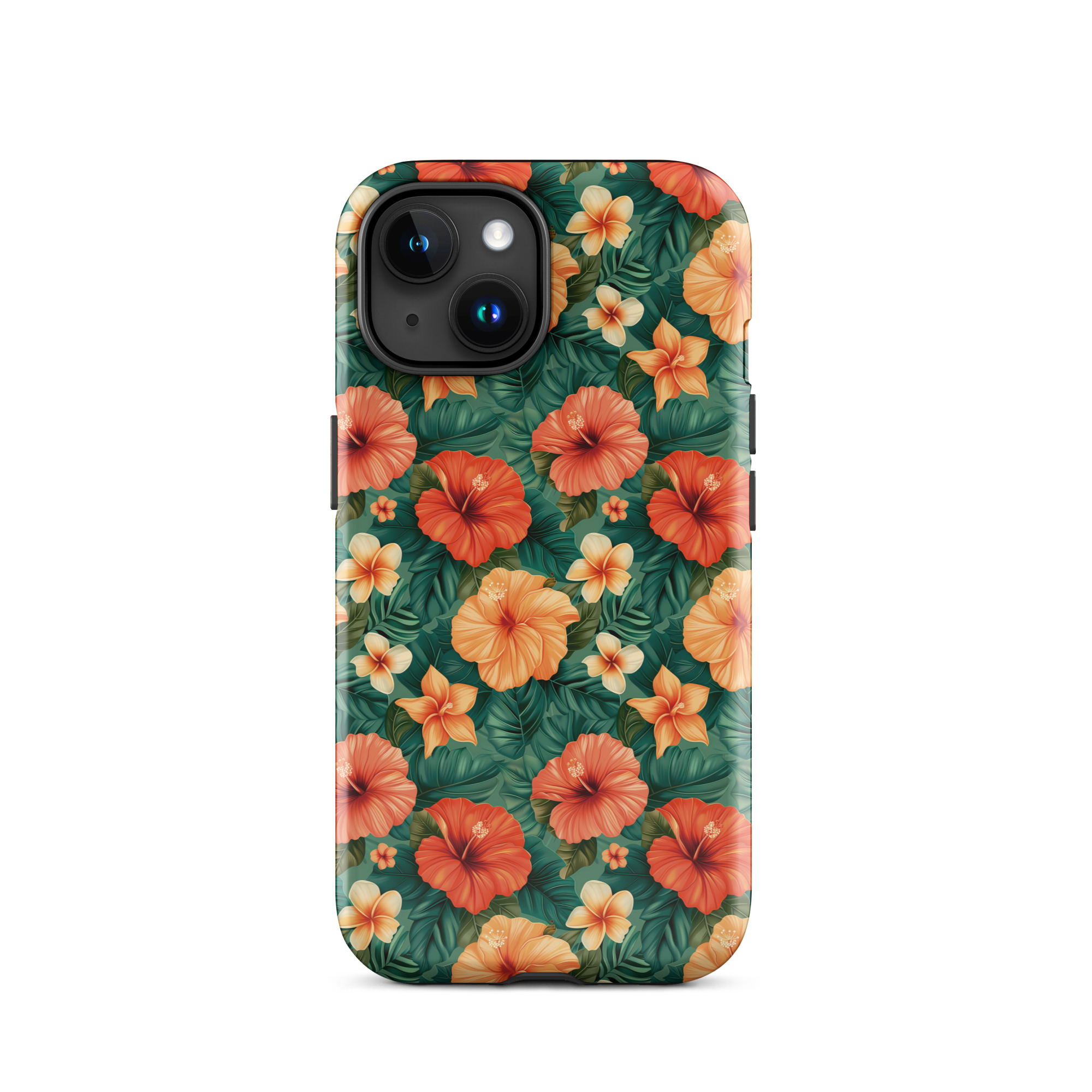 Funda dura para iPhone con estampado floral tropical naranja y rojo, sobre fondo verde exótico. Protección de doble capa y diseño envolvente.