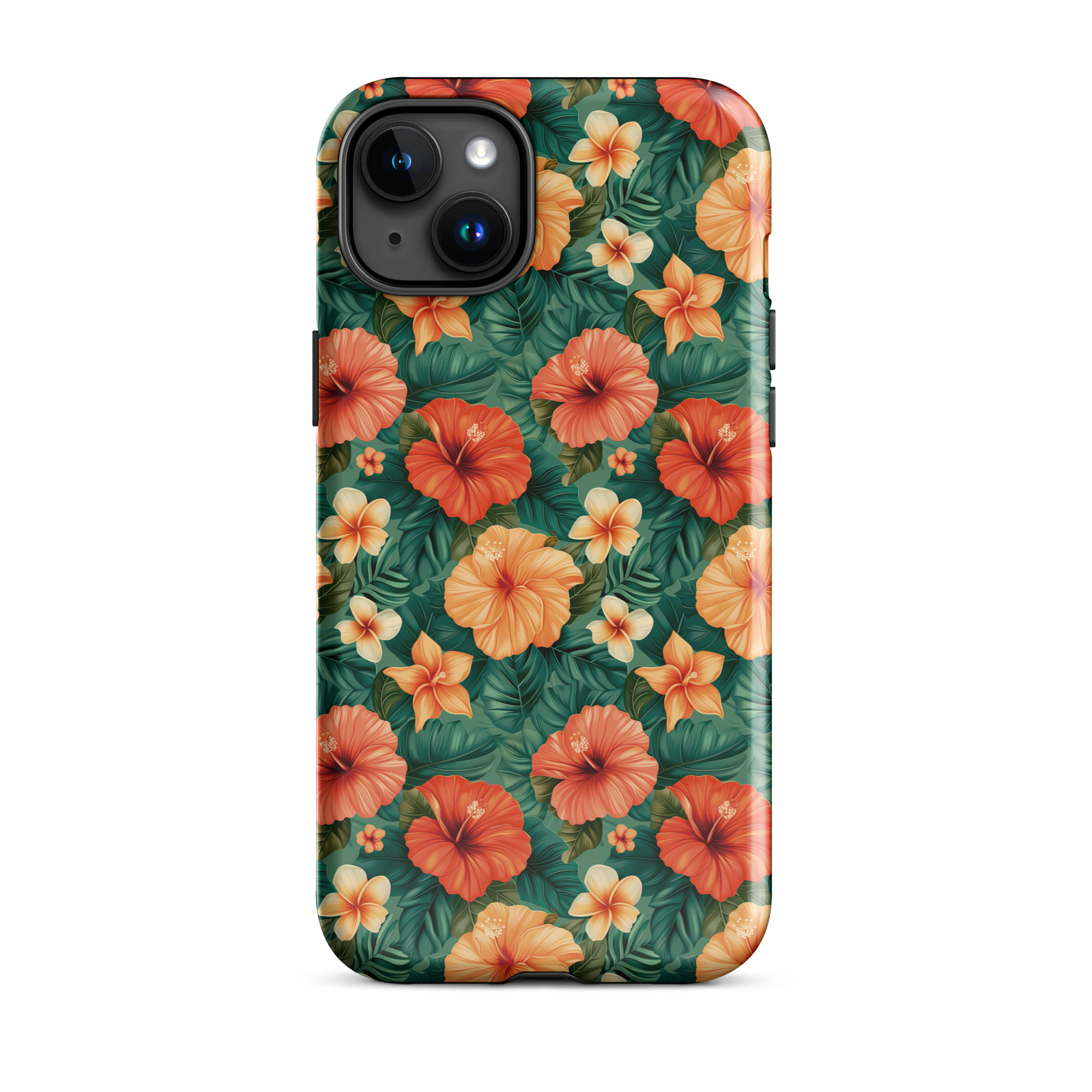 Funda dura para iPhone con estampado floral tropical naranja y rojo, sobre fondo verde exótico. Protección de doble capa y diseño envolvente.