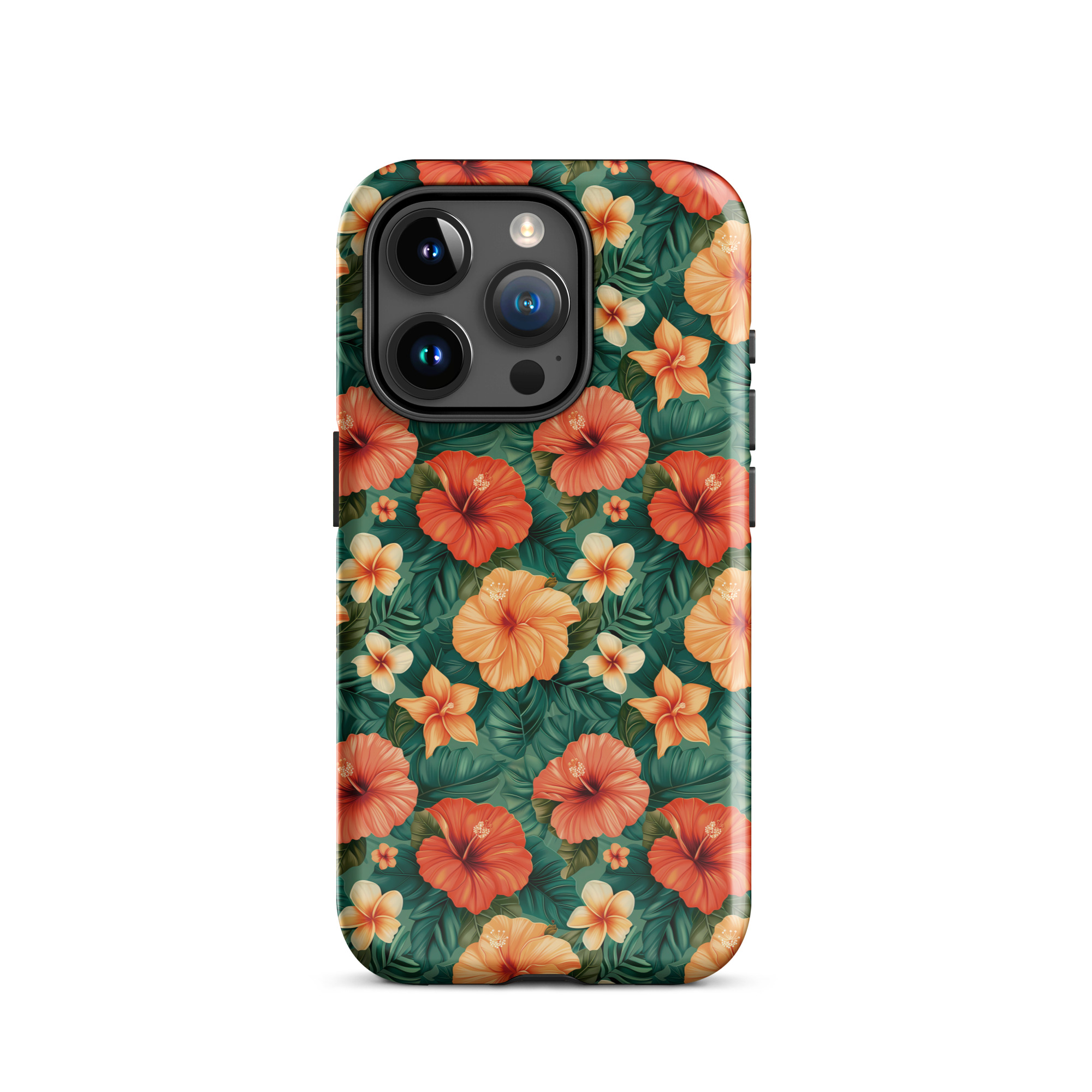 Funda dura para iPhone con estampado floral tropical naranja y rojo, sobre fondo verde exótico. Protección de doble capa y diseño envolvente.